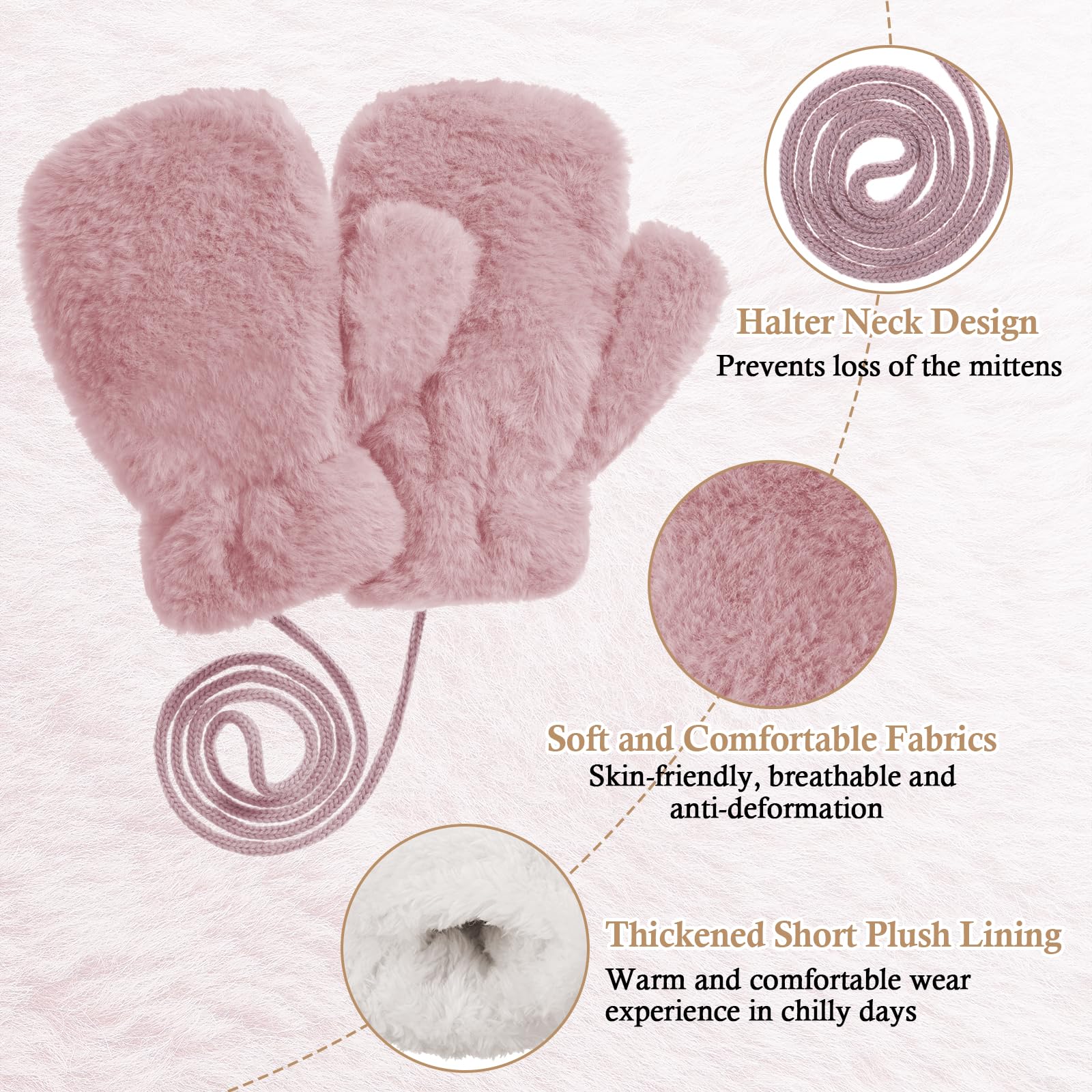 Manoplas Cálidas para Niños, 2 Pares Guantes Invierno con Forro Polar, Manopla de Nieve de Invierno con Cuerda Cuello, Mitones Cálidos de Invierno para Niños 3-7 años, 18 * 9cm