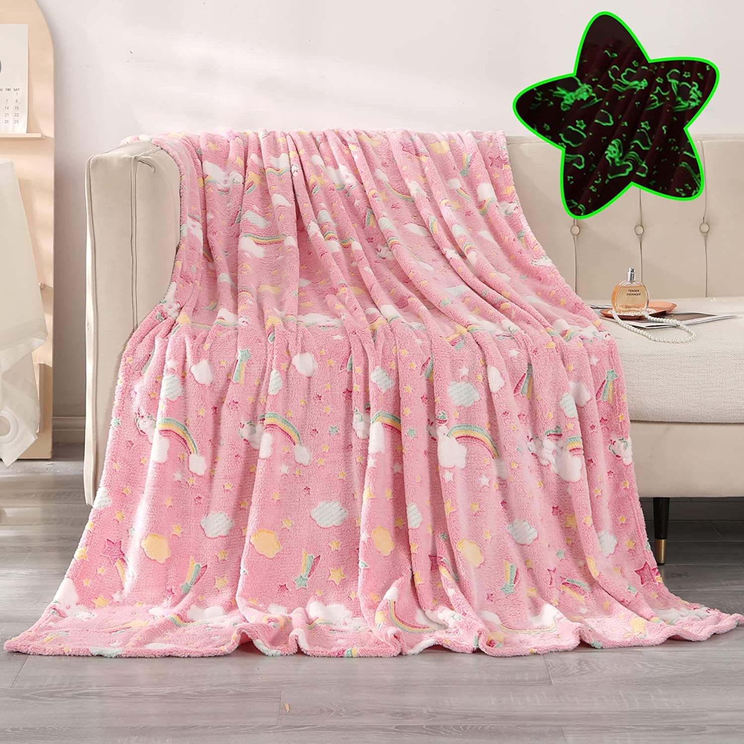 Ruiuzioong Manta de felpa que brilla en la oscuridad que brilla en la oscuridad, manta de felpa con pequeñas estrellas, para regalo (arcoíris, 130 x 150 cm)