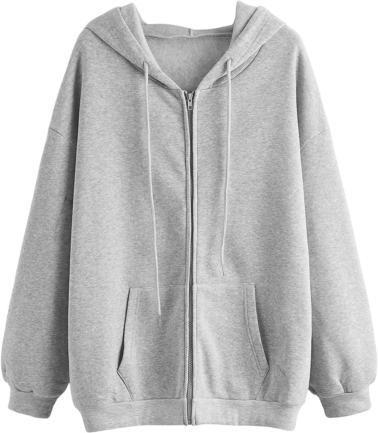 SheIn Women's Oversized Long Sleeve Drawstring Drop Shoulder Zip Up Hoodie Sweatshirt Light Grey M