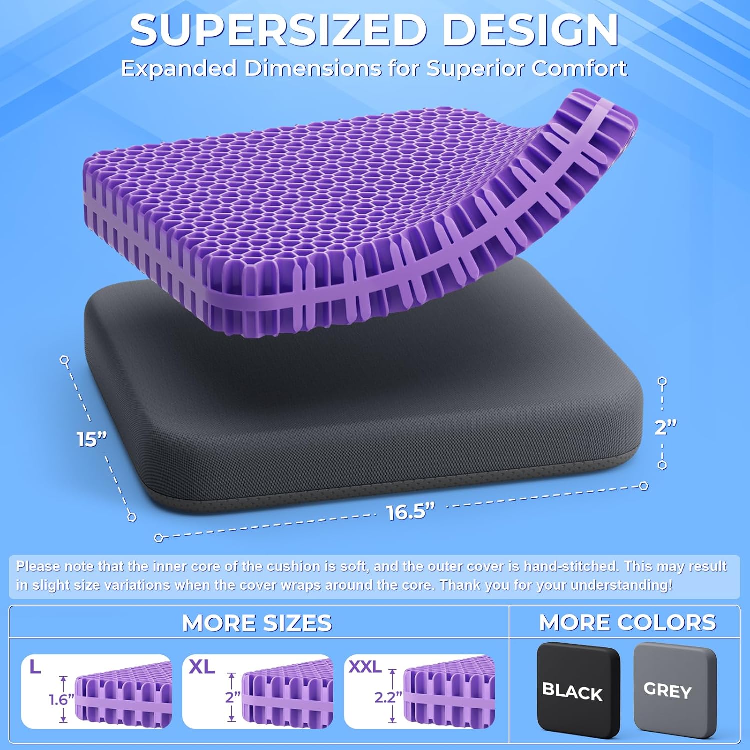 TushGuard Gel Seat Cushion for Long Sitting, Enlarged & Thickened Patent Design Office Chair Seat Cushion, Breathable Cooling Pads for Chairs, Soft Car Cushions for Wheelchair(2" Thick, Grey)