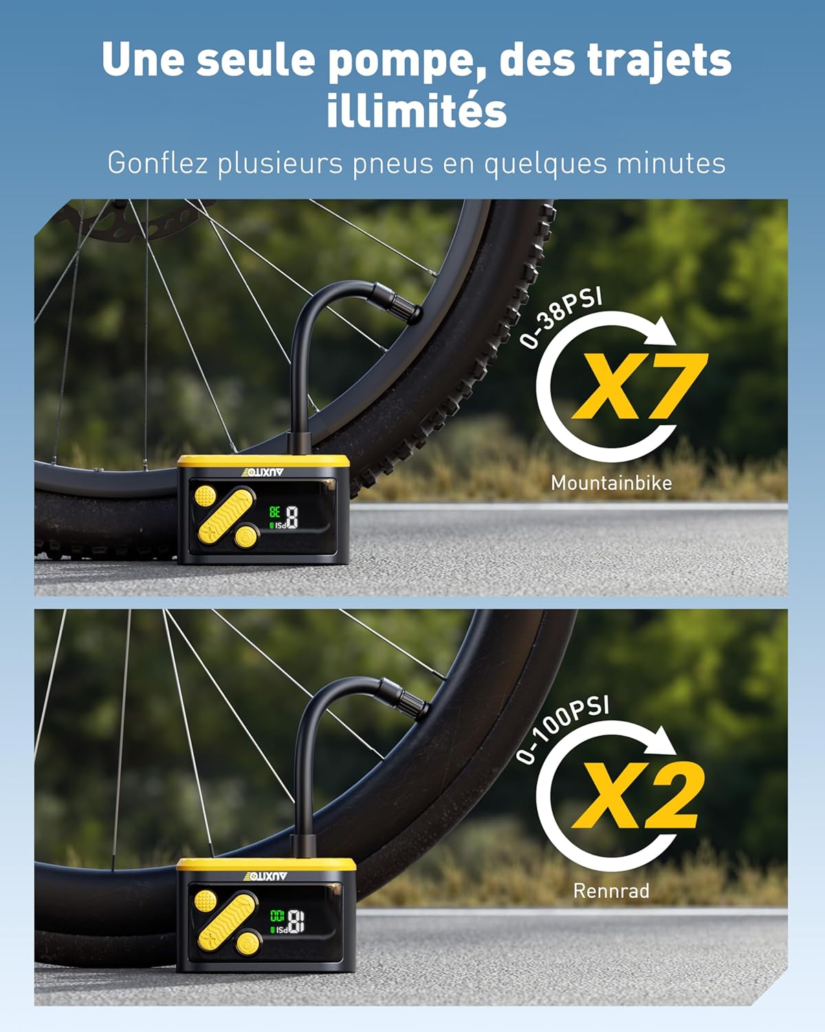 AUXITO Mini Pompe à vélo,avec manometre,Pompe à vélo électrique 120 PSI avec adaptateurs de Valve Presta et Schrader,arrêt Automatique,Accessoire pour vélo de Route,VTT,vélo électrique, Moto — vue 3