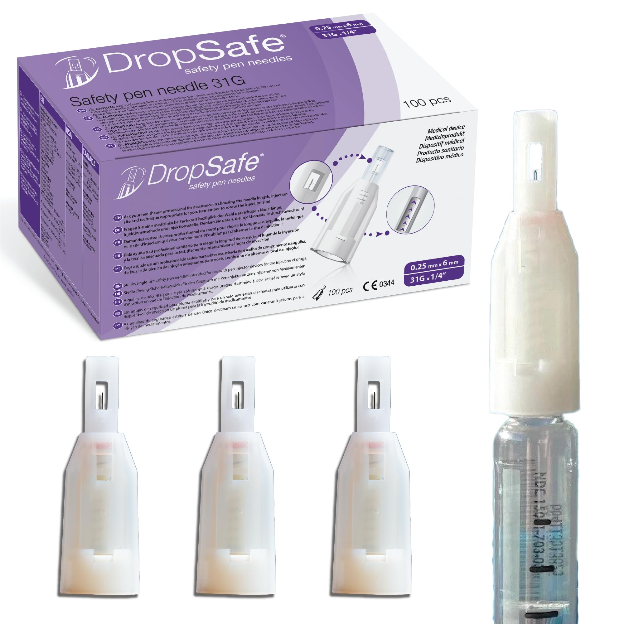 DropSafe Safety Pen Needles 31G x 6mm, 100ct Box, Sterile Needles with Locking System for Max Protection, Stable Sliding Shield for Gentle Touch &