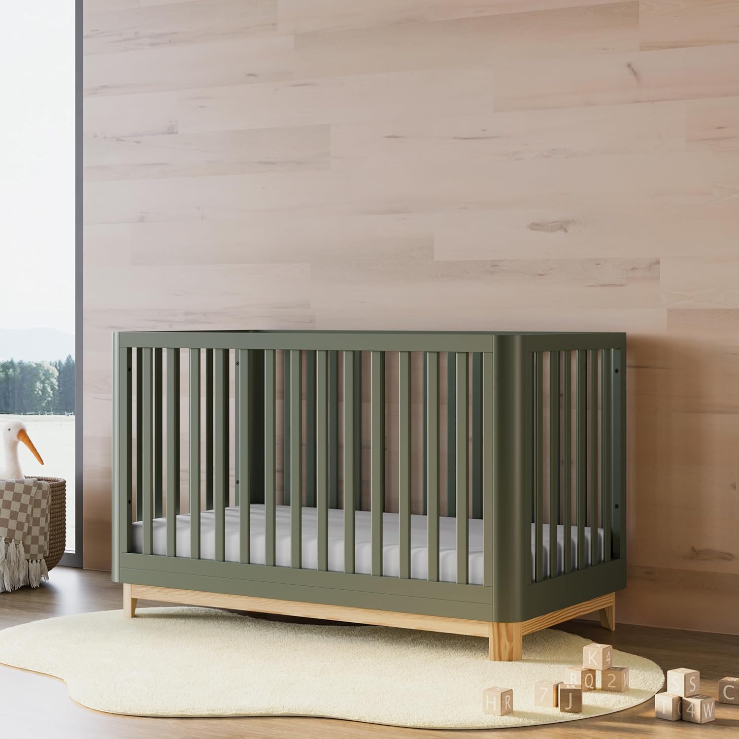 Storkcraft Santos Convertible Crib (Olive & Natural) – GREENGUARD Gold Certified, Fits Standard Crib Mattress, Converts to Toddler Bed and Daybed, 4 Adjustable Mattress Heights, Rounded Edges