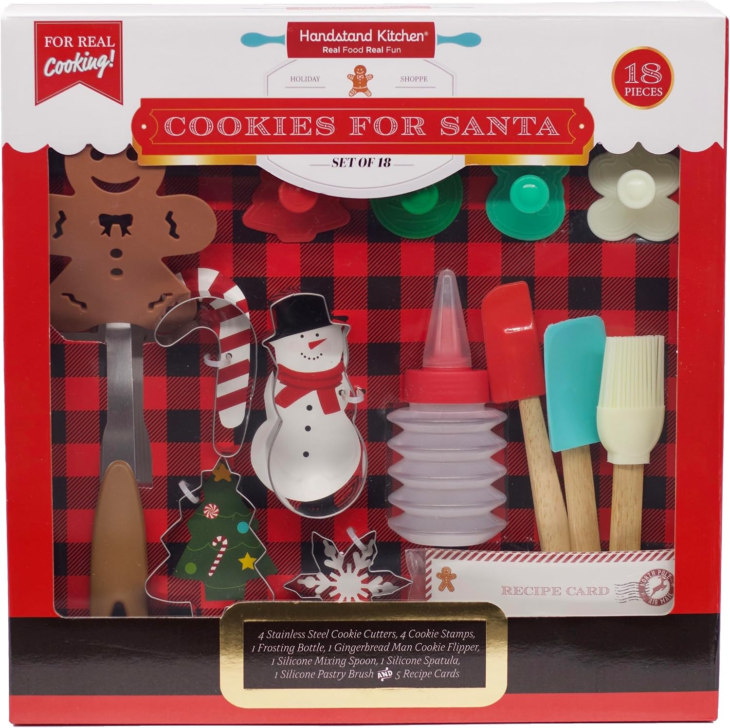 Handstand Kitchen Cookies for Santa Kids Baking Set - 18 Piece with Recipes | Dishwasher Safe, Holiday Family Activity, Sturdy for Regular Use, Detailed Cookie Press Cutters, Spatula, Icing Tube and More
