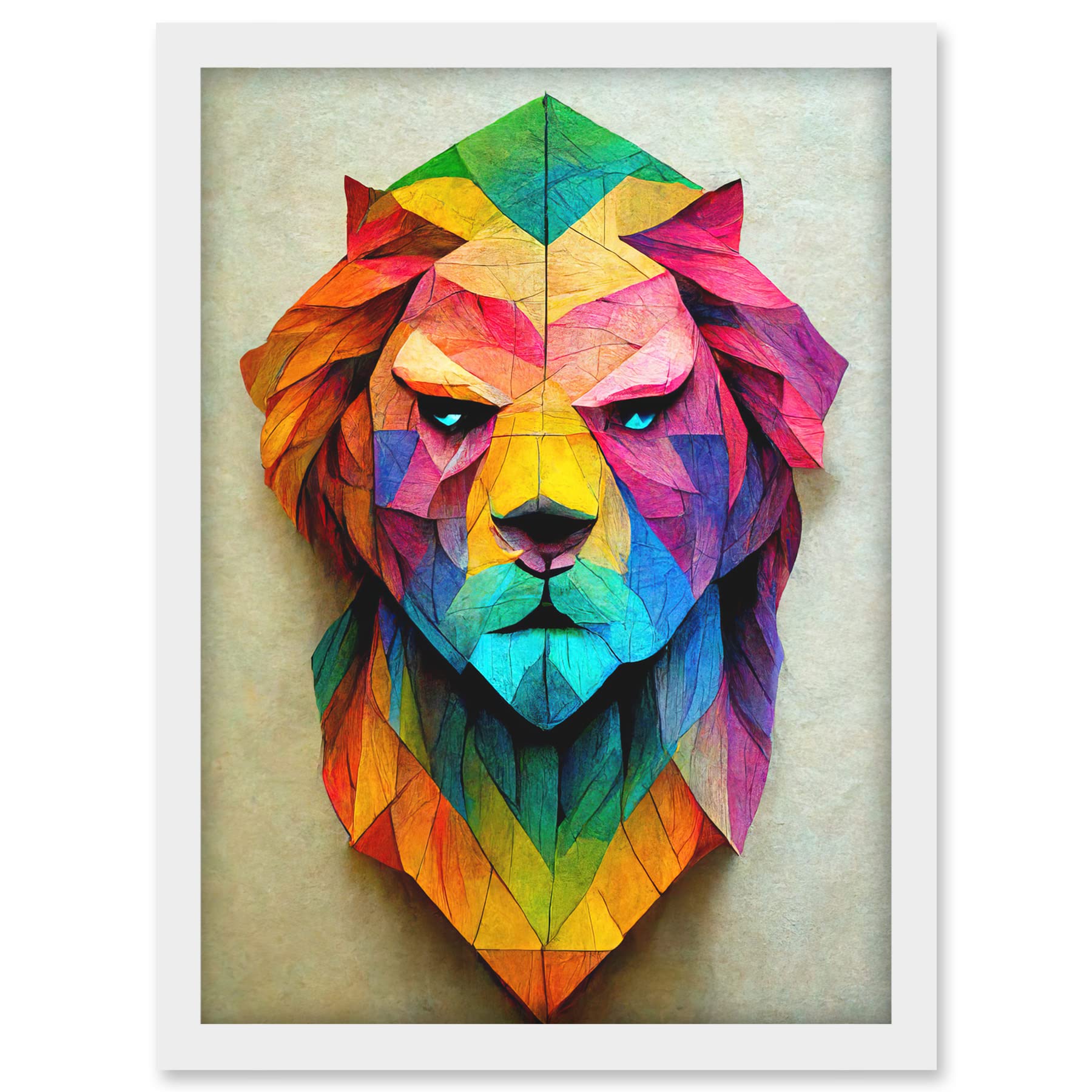 Doppelganger33 LTD Vibrant Geometric Lion Head Decoupage Artwork Framed A3 Wall Art Print