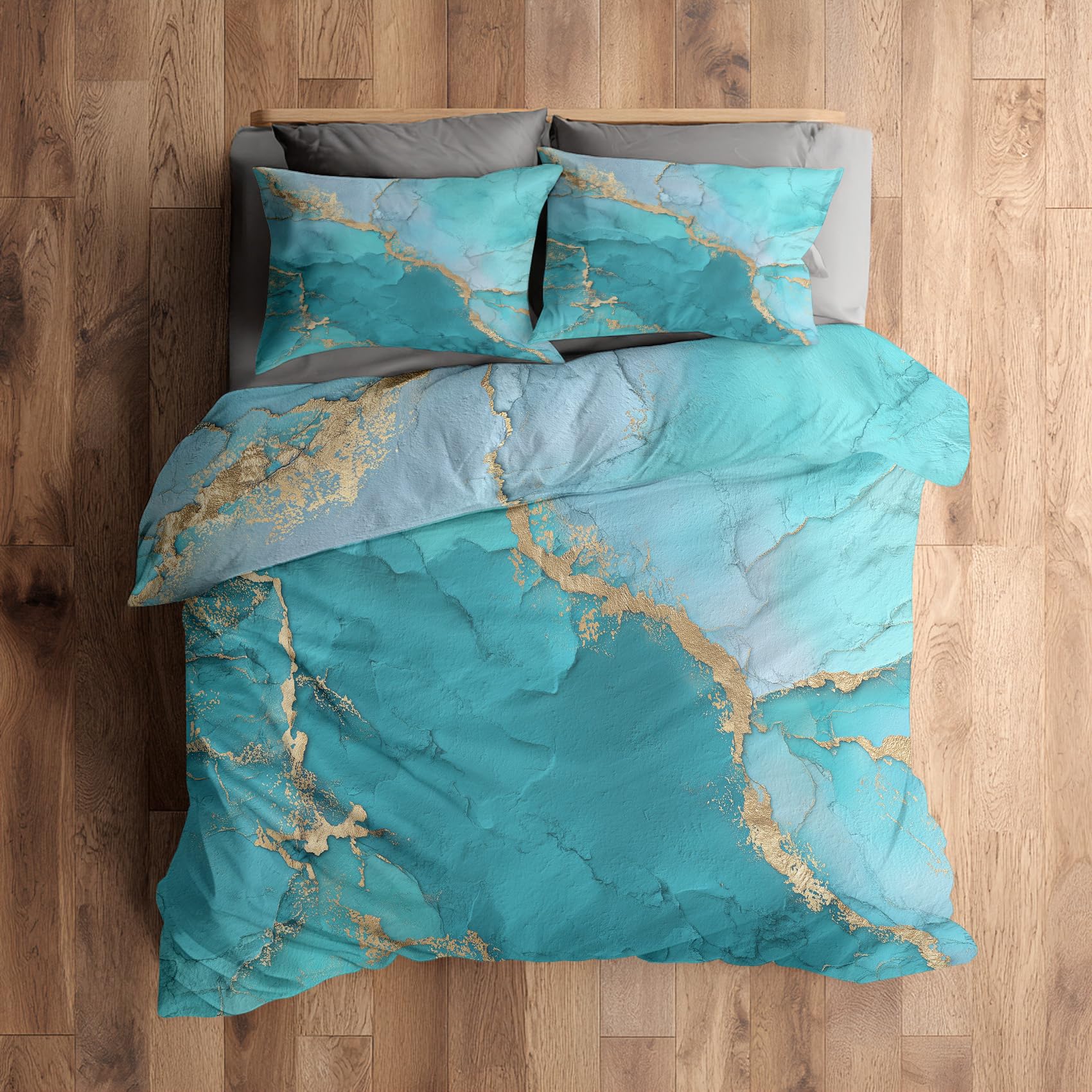 Generisch Bettwäsche 200x220 Türkisfarbener Marmor Design, 3tlg - Gold Aqua Blau Bettbezug und 2 Kissenbezug 80x80, Mikrofaser Wendebettwäsche mit Reißverschluss, Schlafzimmer Deko N&-4046