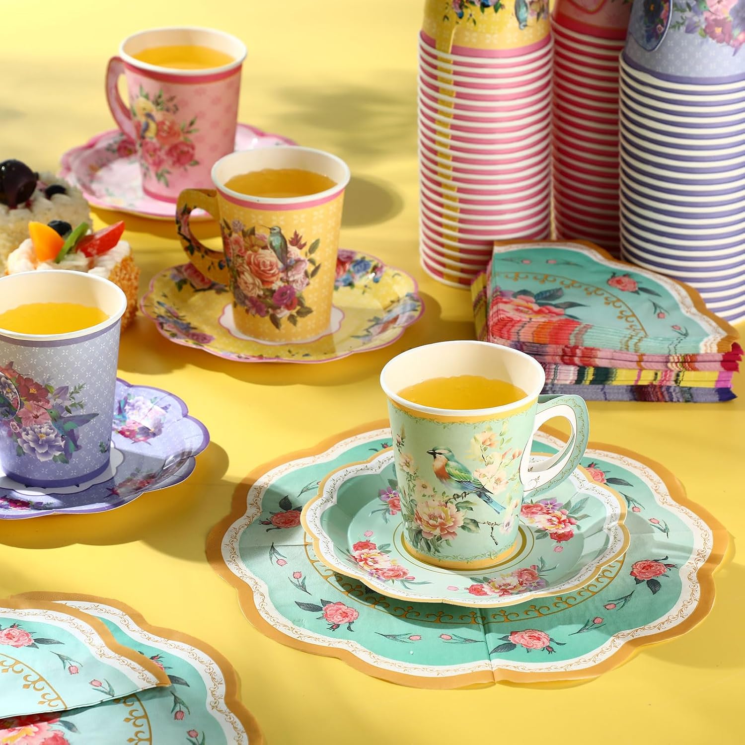 300 Pcs disposable paper tea cups for tea party Bulk, include 9 oz Floral Paper Tea Cup Set with Handle and Saucers 10" vintage Napkins for Floral Tea Party Wedding Baby Shower(Multiple Colour)
