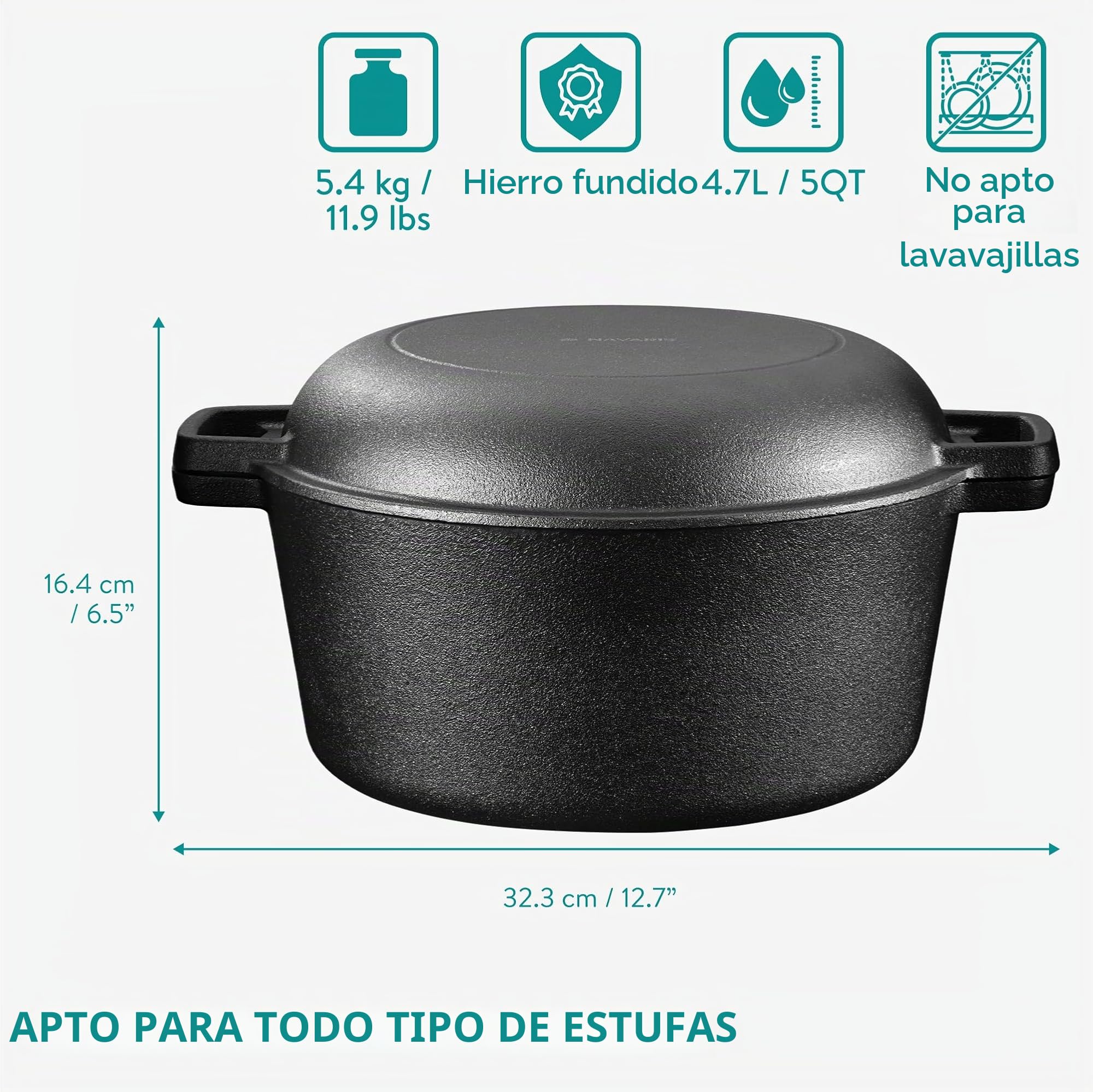 Navaris Sarten hierro fundido con tapa - Sartén holandesa con 2 asas - Apta para cualquier cocina y horno - Sartén sazonada 32 cm de 4,7 l de capacidad - Con manual y recetas