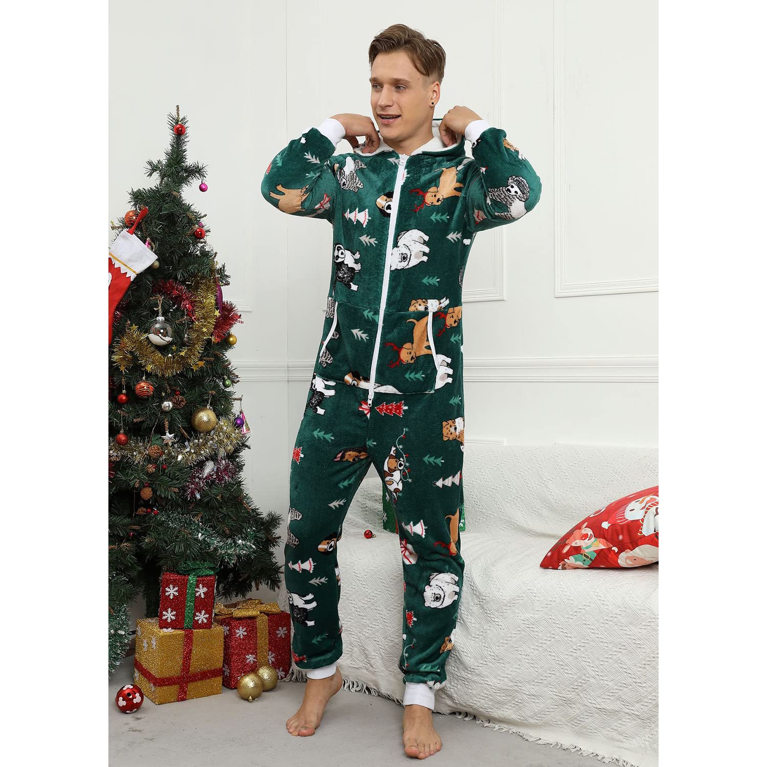 Pijama Navidad Una Pieza Hombre Franela Pijamas Mono Entero con Capucha Manga Larga Invierno Calentito Jumpsuit Adulto Onesie Ropa de Casa Dormir Verde XL