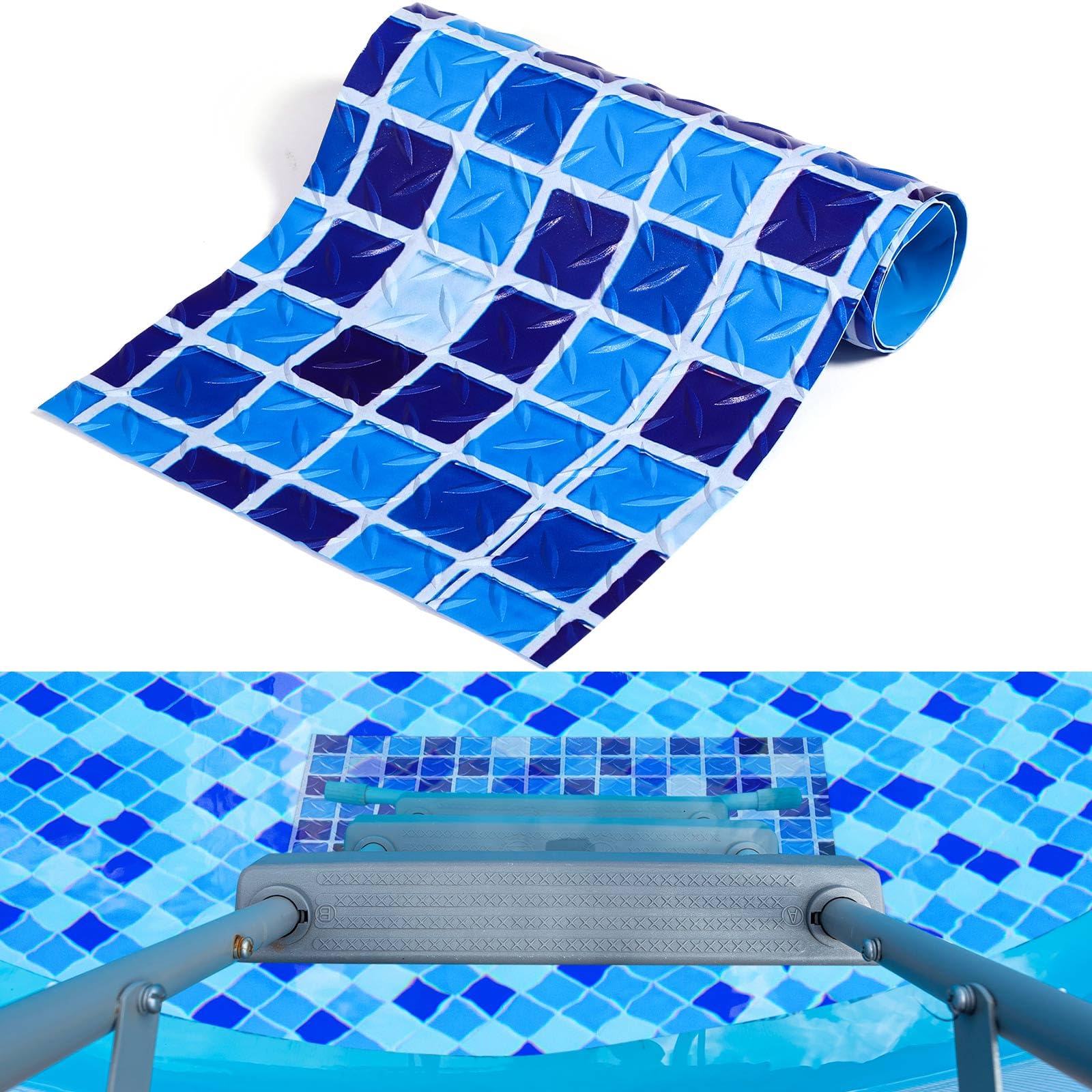 24" X 9" Above Ground Pool Ladder Mat, Swimming Protective Nonslip Step Pad with Texture, Pool Essentials Accessories for Floor Liners and Stairs, Blue Square Pattern-picture-10