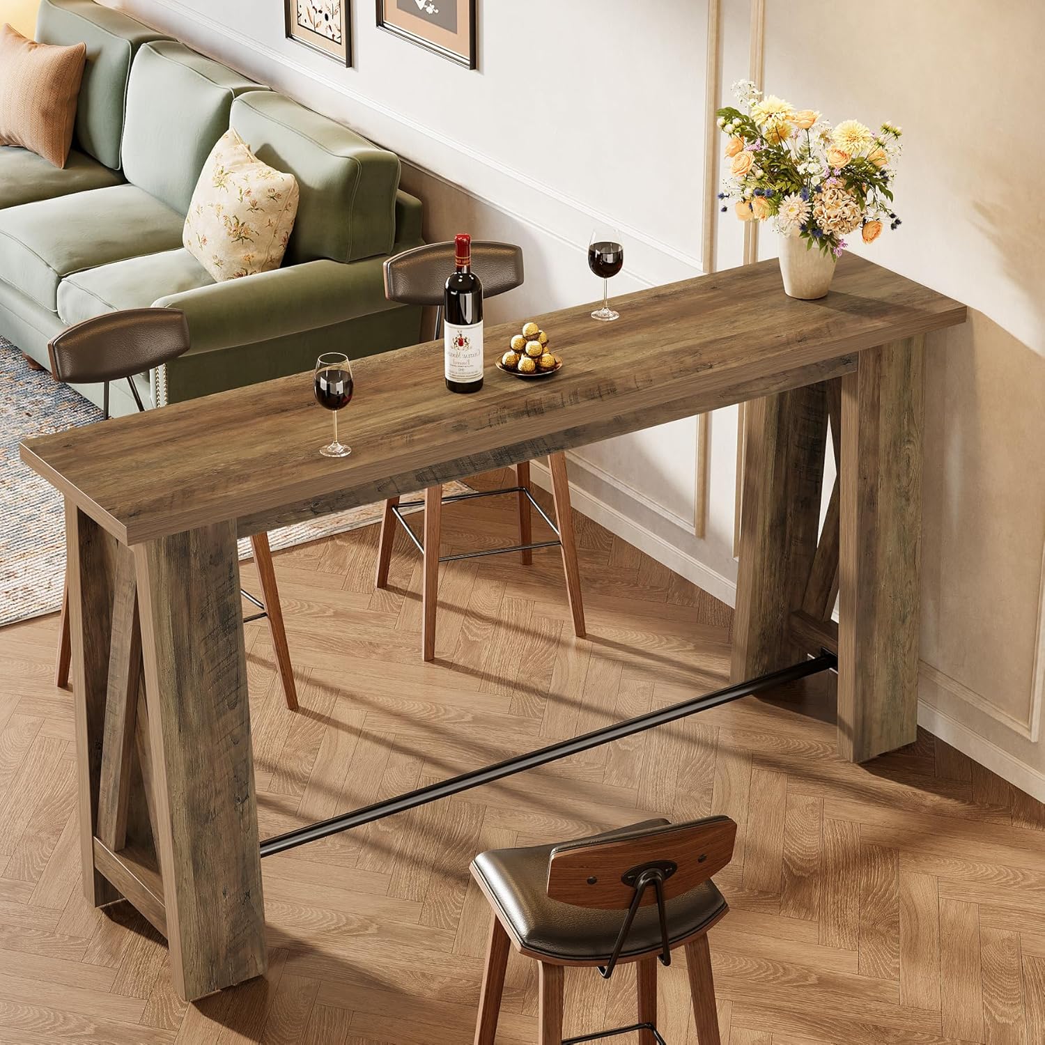 Tribesigns 63" Bar Table with Metal Footrest, Counter Height Pub Table with Sturdy X-Frame Legs, Rectangular High Top Kitchen Dining Tables for Dining Room, Living Room, Basement