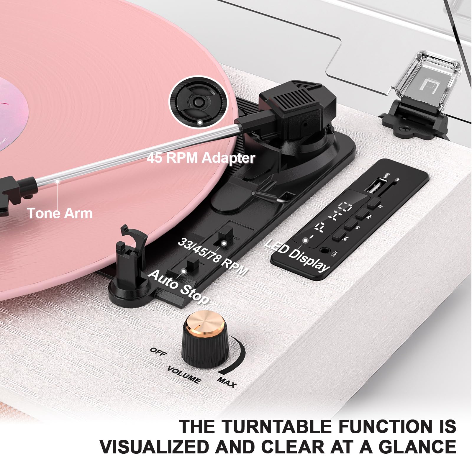 VINYLS LINK Giradischi in vinile con altoparlanti, giradischi Bluetooth con modalità EQ e display LED, giradischi vintage rosa, giradischi a 3 velocità per dischi in vinile, registrazione USB