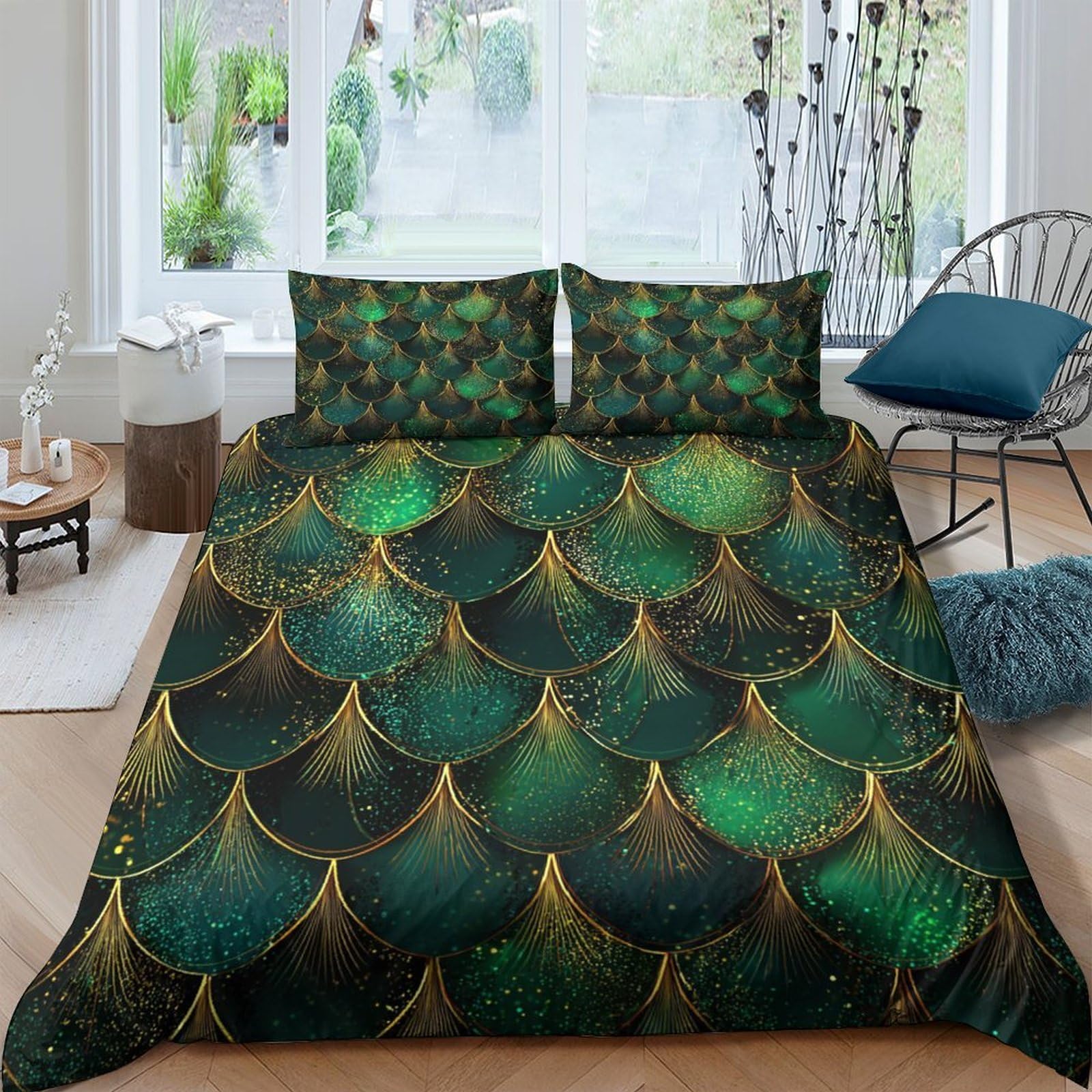 Ctjqhvkz Style-1 3D Printed Emerald Peacock Scale Fitted Sheet Microfiber Gold Iridescent Mattress Cover Bedroom Home Decor Single（135X200cm）