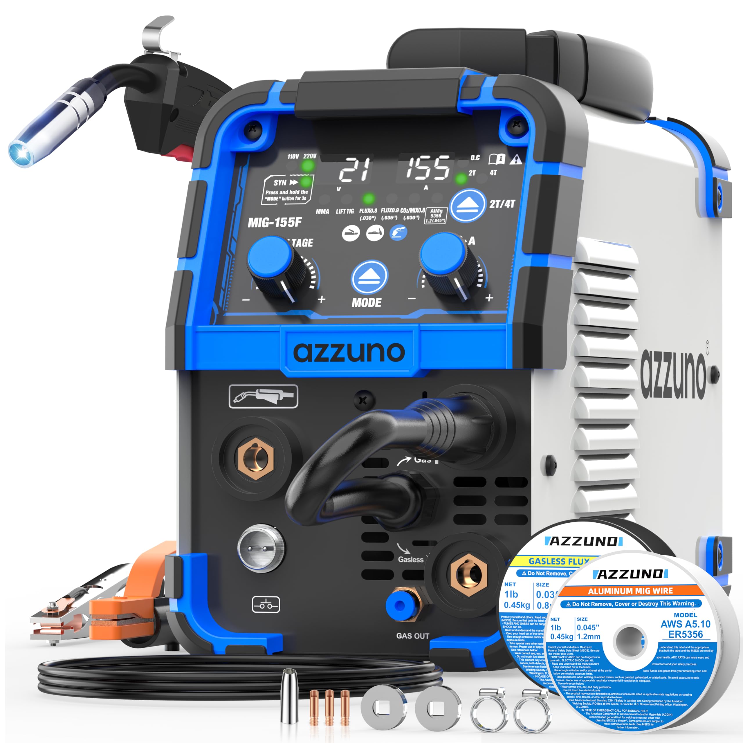 AZZUNO Aluminum MIG Welder 155A, 110V/220V 5-in-1 Wire Feed Welder