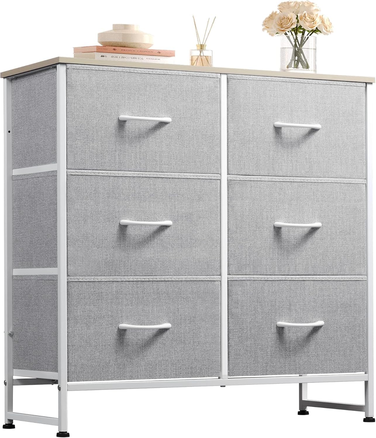 WLIVE Chest of Drawers, 6 Fabric Drawers Cabinet with Easy Pull Handle, Wood Top and Sturdy Steel Frame for Bedroom, Living Room, Light GreyThe Forest Stewardship Council