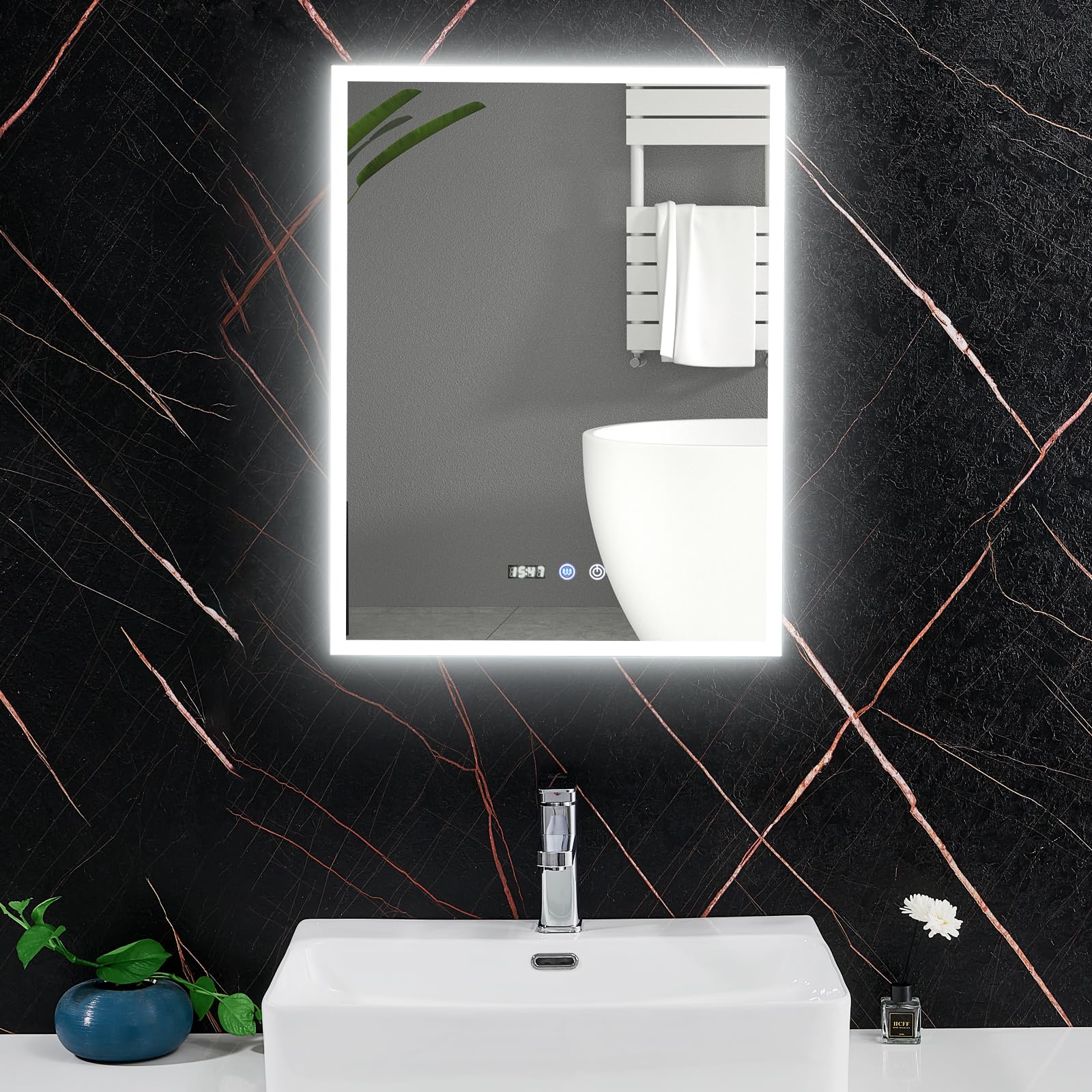 Plumbsys Armarios de baño con enchufes 400x600mm, Armario con Espejo de baño Blanco, Desempañador y Reloj Digital