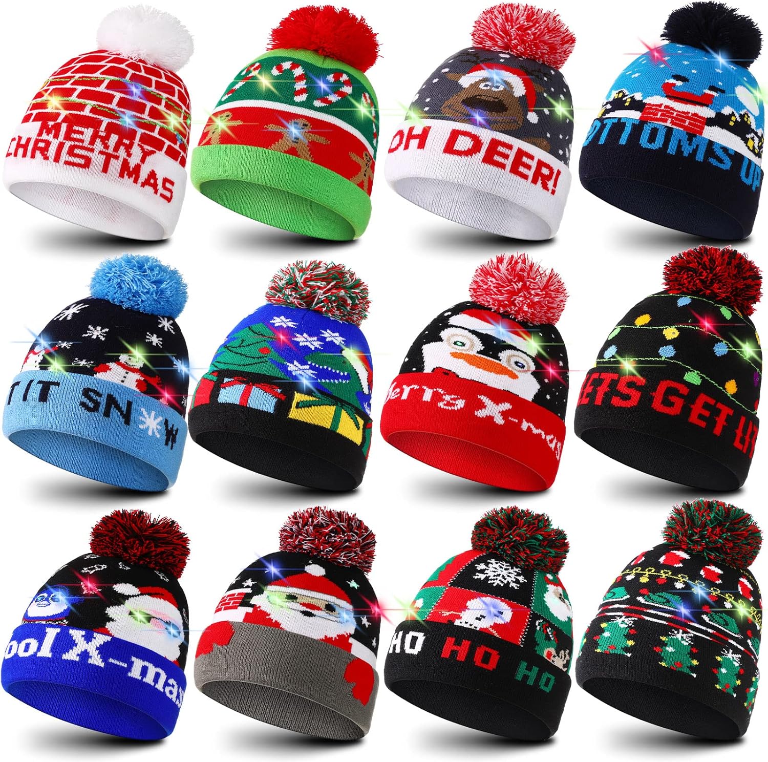 12 Pcs LED Light up Christmas Beanie Hats Bulk Xmas Knitted Hat Unisex Winter Hat Flashing Cap for Adults(Novelty) Multicolor