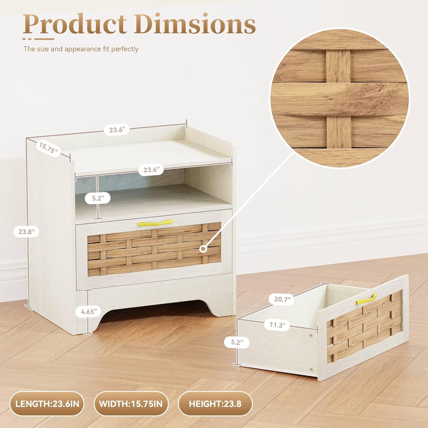 24" Rattan Nightstand, Boho Night Stand with Open Storage, White Bedside Table with Drawer, Bed Side End Table Dresser for Bedroom, Living Room, Hallway