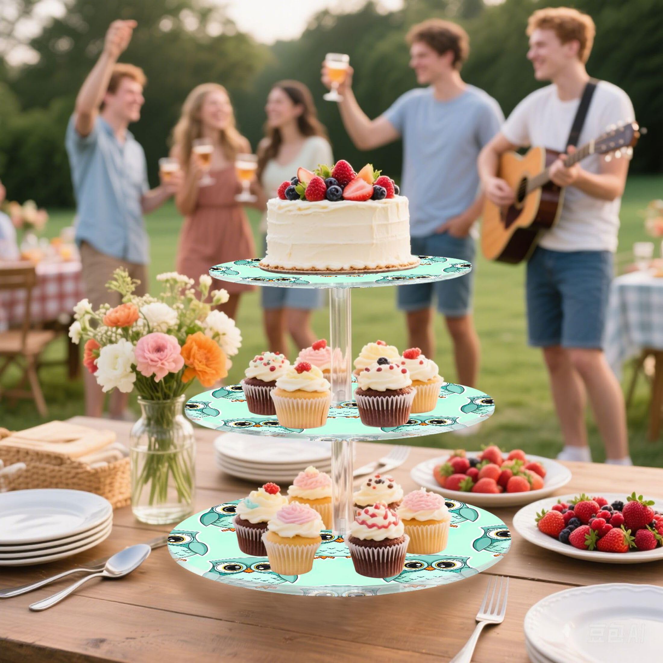 Simpatico supporto per cupcake a 3 ripiani con gufetti in stile cartone animato, per tè, torte, torte, espositore in acrilico, vassoi da portata per feste, cibo, feste di compleanno