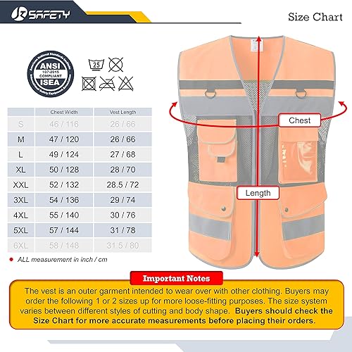 Miniatura 7 de JKSafety Chaleco de seguridad reflectante de alta visibilidad clase 2 con cierre de cremallera, bolsillos delanteros y traseros, forro de malla,