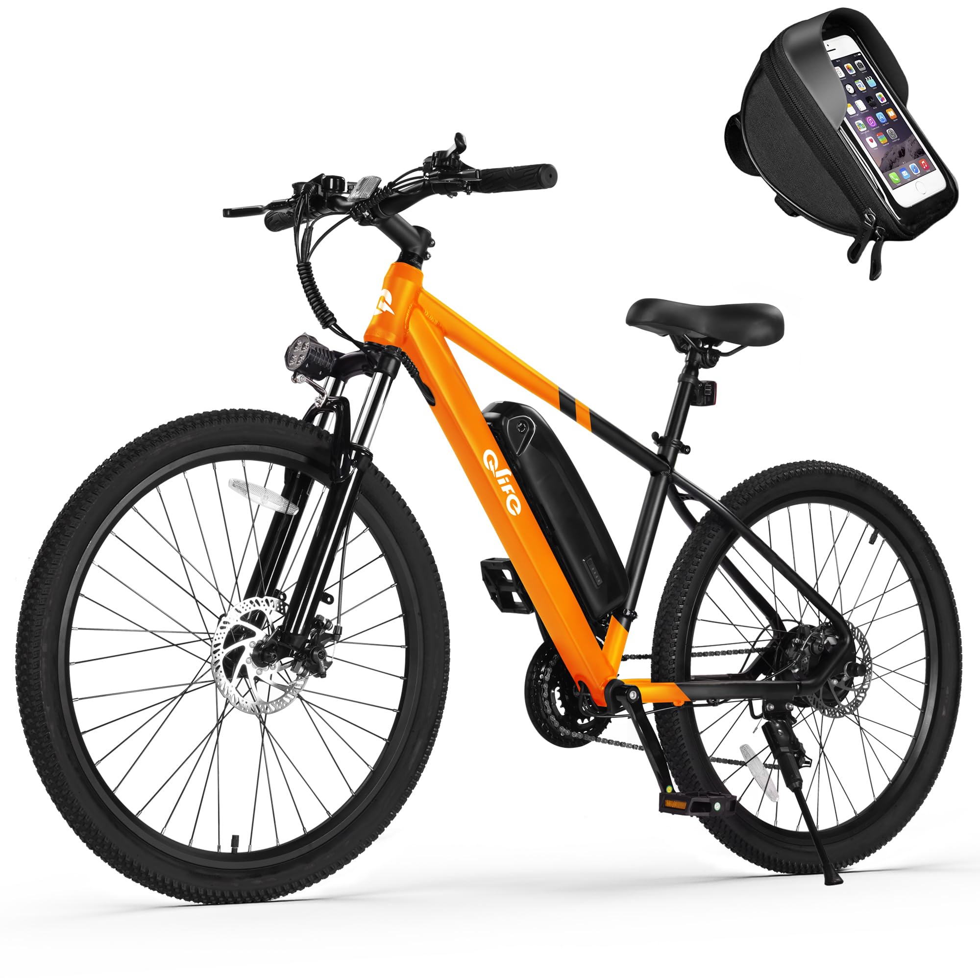 Qlife Racer Electric Bike for Adults - 21-Speed Mountain Lightweight Ebike with Peak 1000W/750W 25MPH/22MPH Brushless Motor, 375Wh Removable Battery, 26X2.1 Tire Step Over E-MTB,Orange with Phone Bag