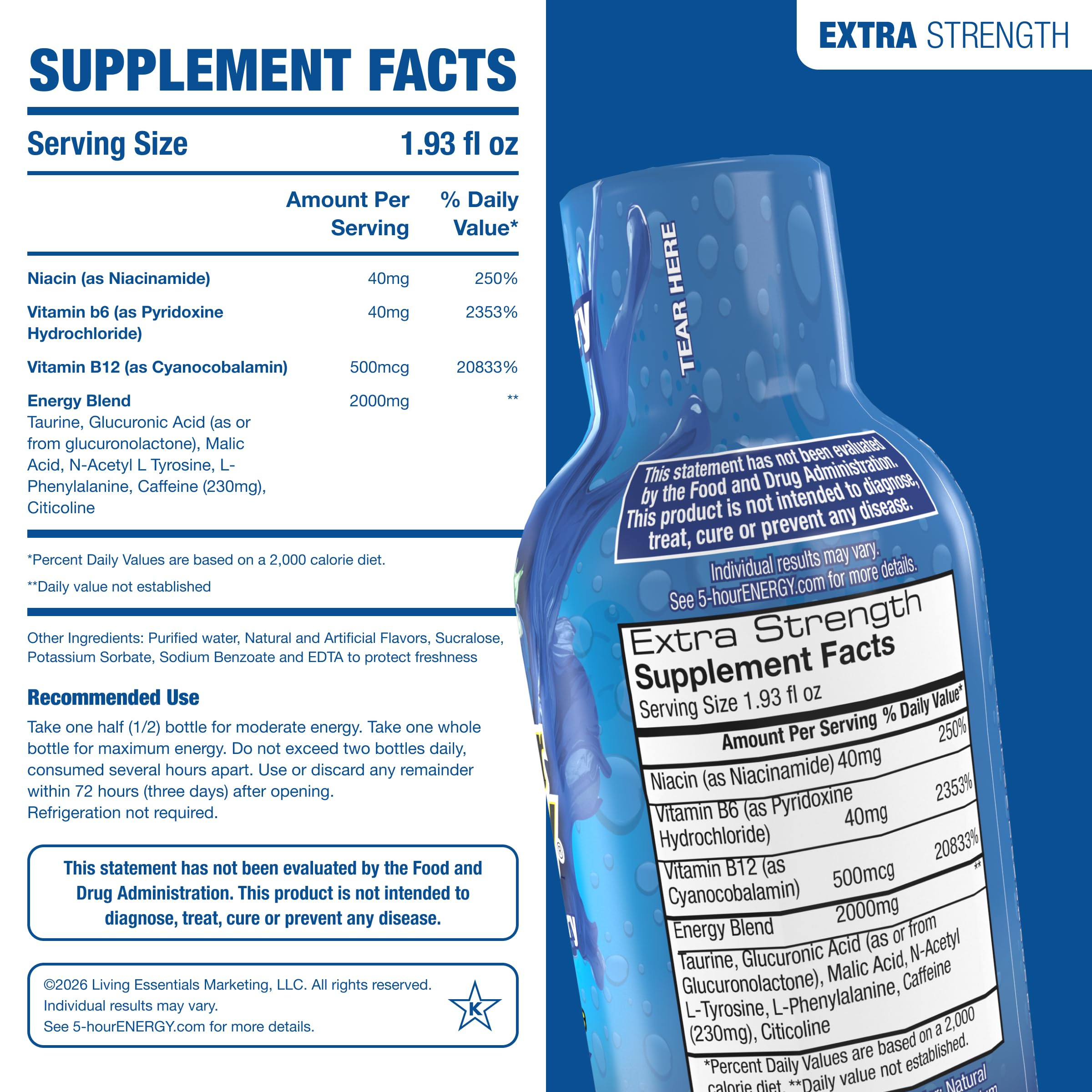 5-hour ENERGY BLUE RASPBERRY Flavor, 30 Count, Extra Strength Energy Shot — Amazon image 2
