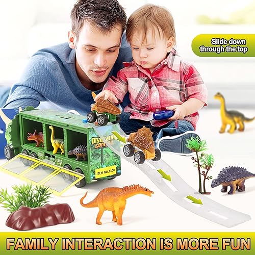 Miniatura 5 de Camiones de juguete de dinosaurio para niños paquete de 28 juguetes de dinosaurio juego de autos con luces intermitentes música sonido rugiente auto