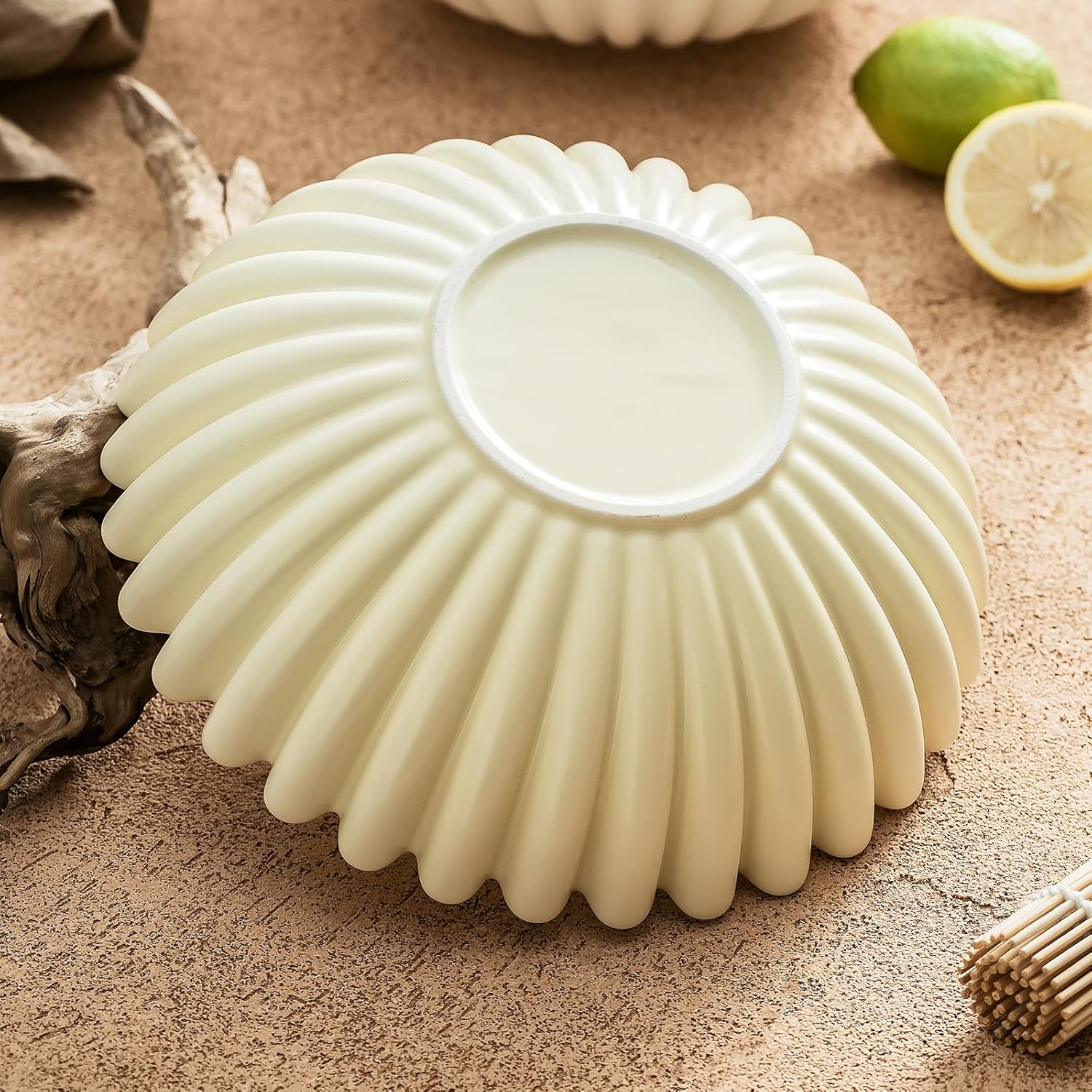 Large Decorative Bowl, Beige Ceramic Fruit Bowl for Kitchen Counter, Key Bowls for Entryway Table, Modern Coffee Table Home Decor, Scalloped Handmade Artwork