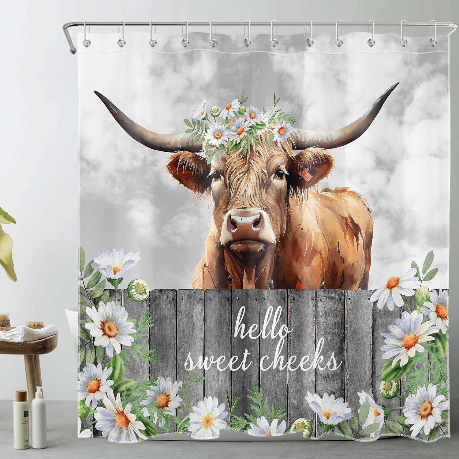 HVEST Farmhouse Cow Shower Curtain with Bathroom Rugs,Funny Western Wildlife Cattle and White Daisy Flower on Fence Shower Curtain Set,70L x 70W inches Green Leaf Plant Shower Curtain with Bath Mat