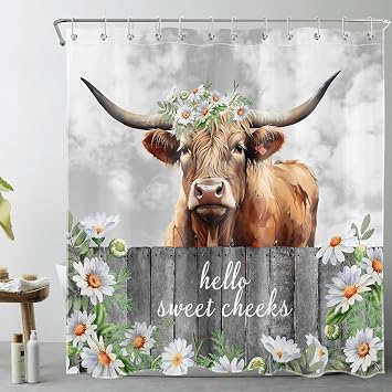 HVEST Farmhouse Cow Shower Curtain with Hooks Funny Farm Animal Cattle and White Daisy Flower on Retro Fence Shower Curtain for Bathroom 72L x 72W inches Green Leaf Plant Bathroom Curtains Shower Set