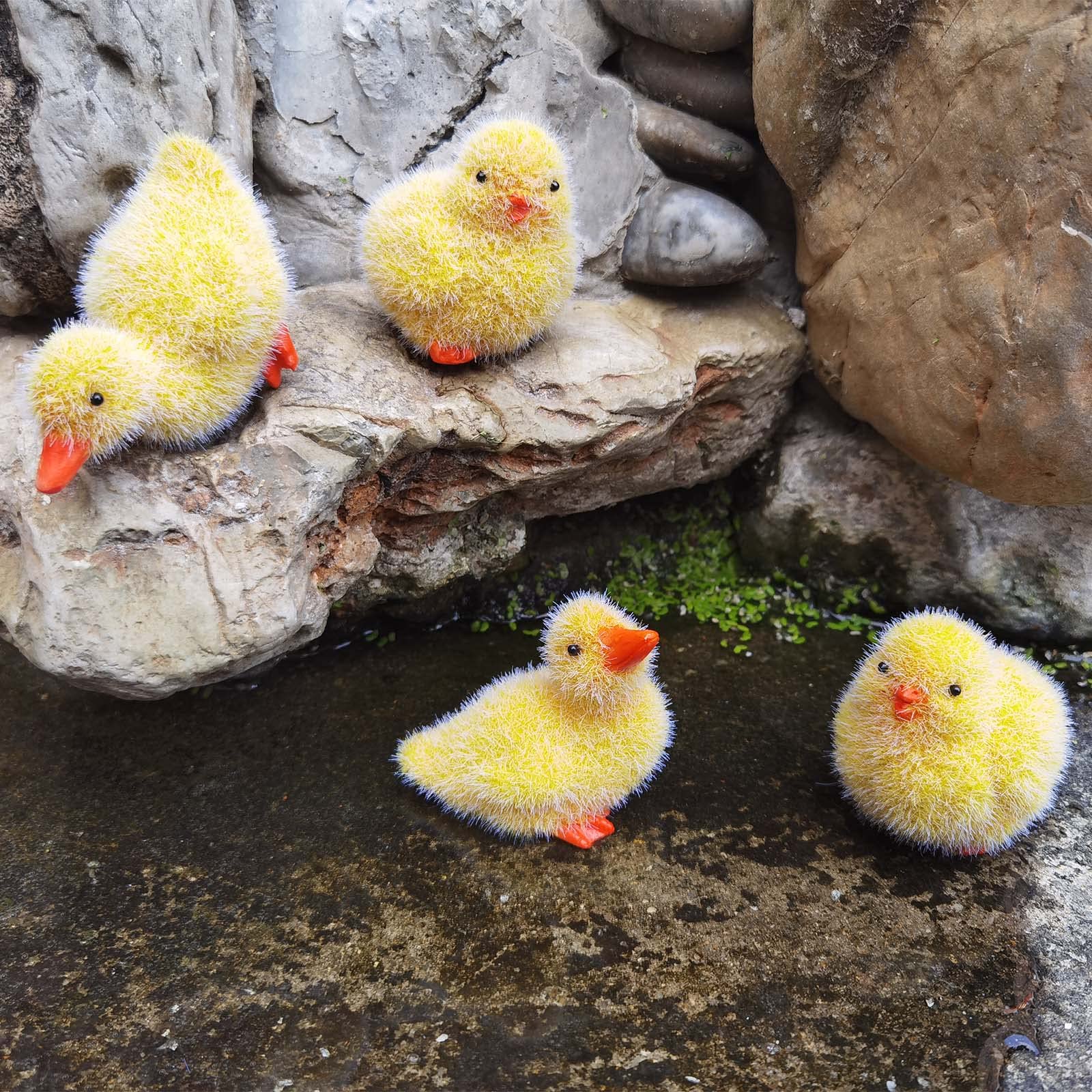 (4 Pack Adorable Simulated Plush Ducky & Hen Polyresin Statue Garden Sculptures Perfect Yard Art Gift Ornament Also can be Easter Decor for Home Garden, Courtyard, Lawn, Walkway
