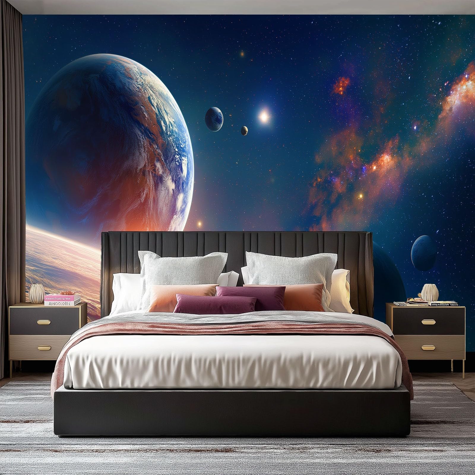 Tapeta fantastyka naukowa wszechświat, tapeta panoramiczna kosmos planeta 200 x 140 cm 3D fresk z włókniny wielokolorowy gigantyczny plakat ścienny do salonu pokój dziecięcy restauracja dekoracja