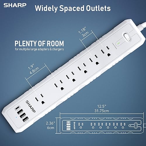 Miniatura 3 de Sharp Regleta de alimentación con 6 tomacorrientes protegidas contra sobretensiones y 4 salidas USB de carga rápida (3 USB-A y 1 tipo C), enchufe