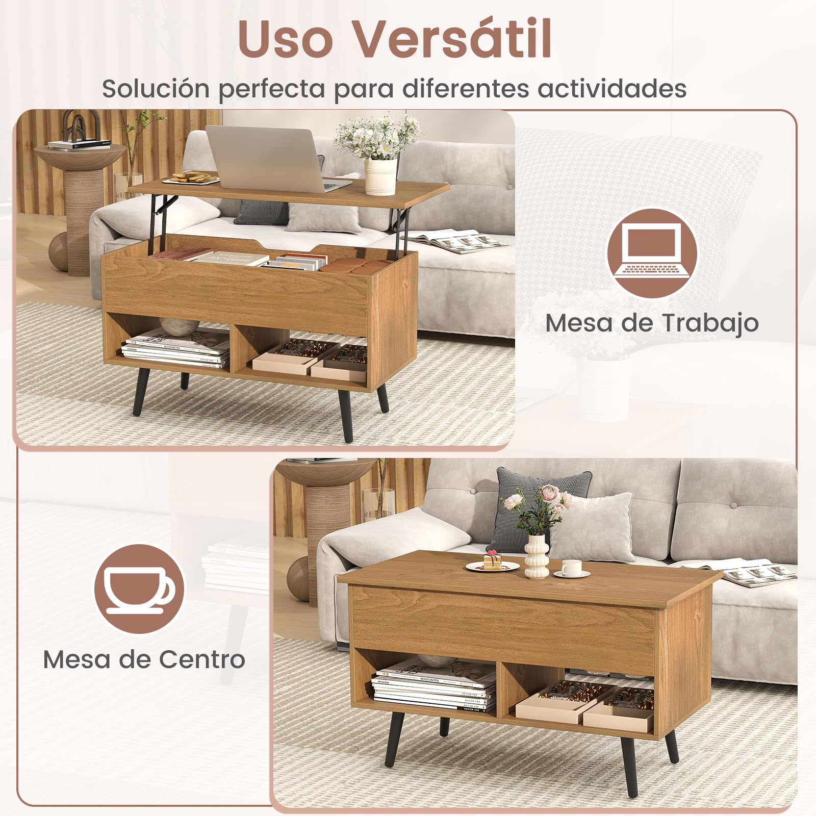 COSTWAY Mesa de Centro Elevable de Madera, Mesa de Cóctel Moderna con Compartimento Oculto & 2 Estantes Abiertos, para Salón, Sala de Recepción, Oficina (Natural)