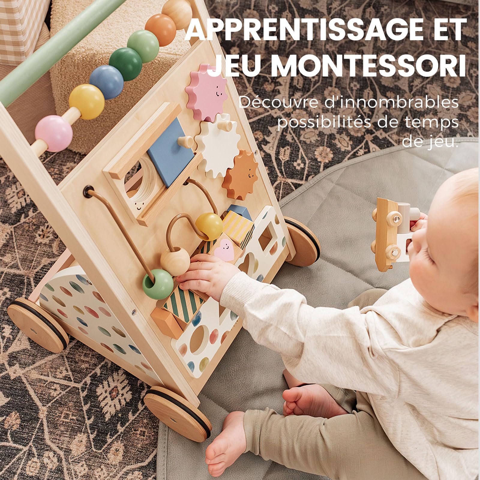 Tiny Land Trotteur en bois pour bébé - Aide à la marche avec vitesse réglable - Pour garçons et filles - Déambulateur et centre d'activité pour bébé