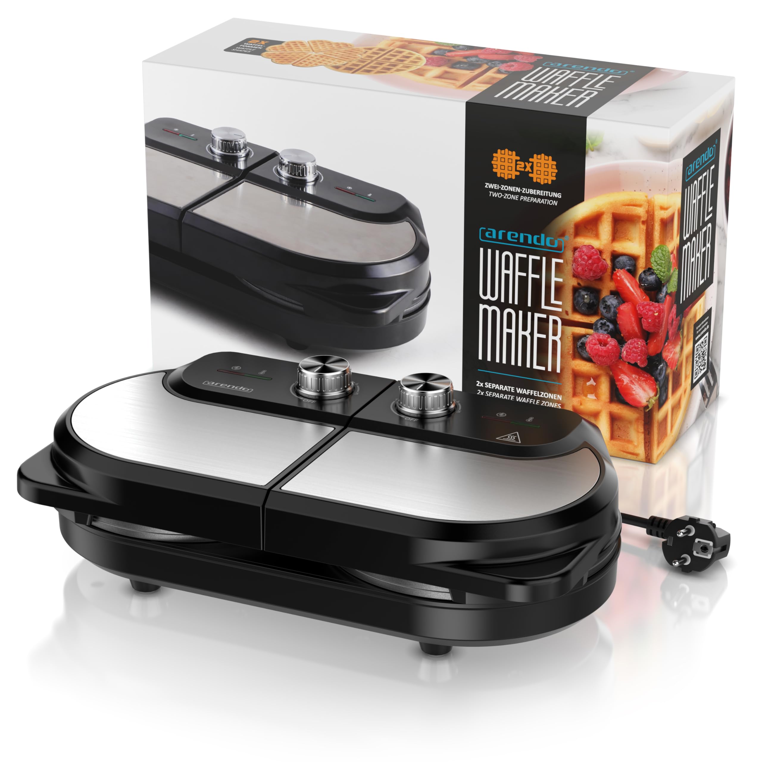 Arendo - Waffeleisen doppelt - Belgische Waffel/Herzform - zwei verschiedene Designs - 2 Zonen - Temperaturregler - Antihaftbeschichtung – 1400 W - Edelstahl - silber/schwarz - BPA frei