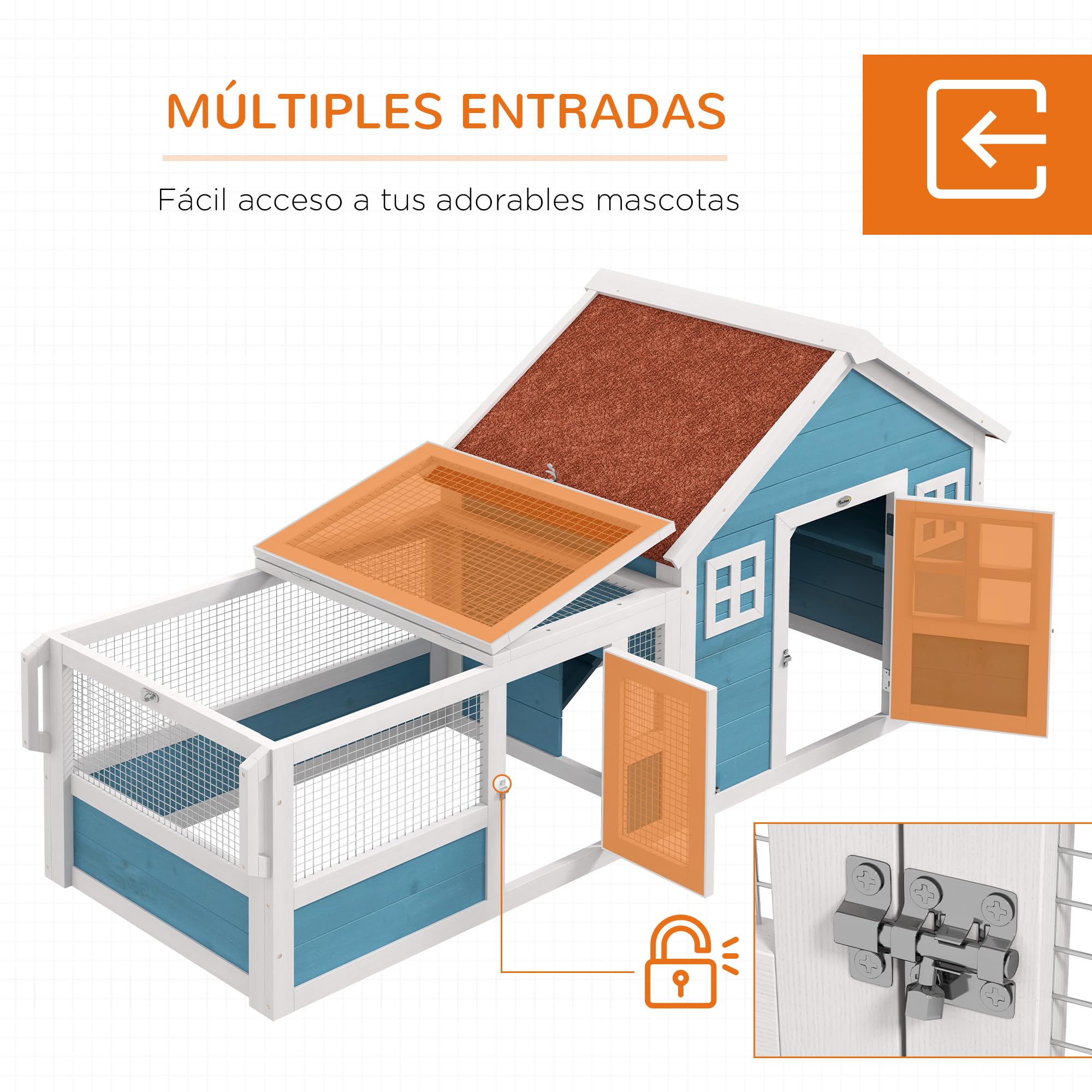 PawHut Conejera Exterior de Madera 162,5x59,2x77,6 cm Jaula para Conejo Casa para Conejos con Ruedas Rampa Ventanas de Decoración Puerta y Techo de Asfalto Azul
