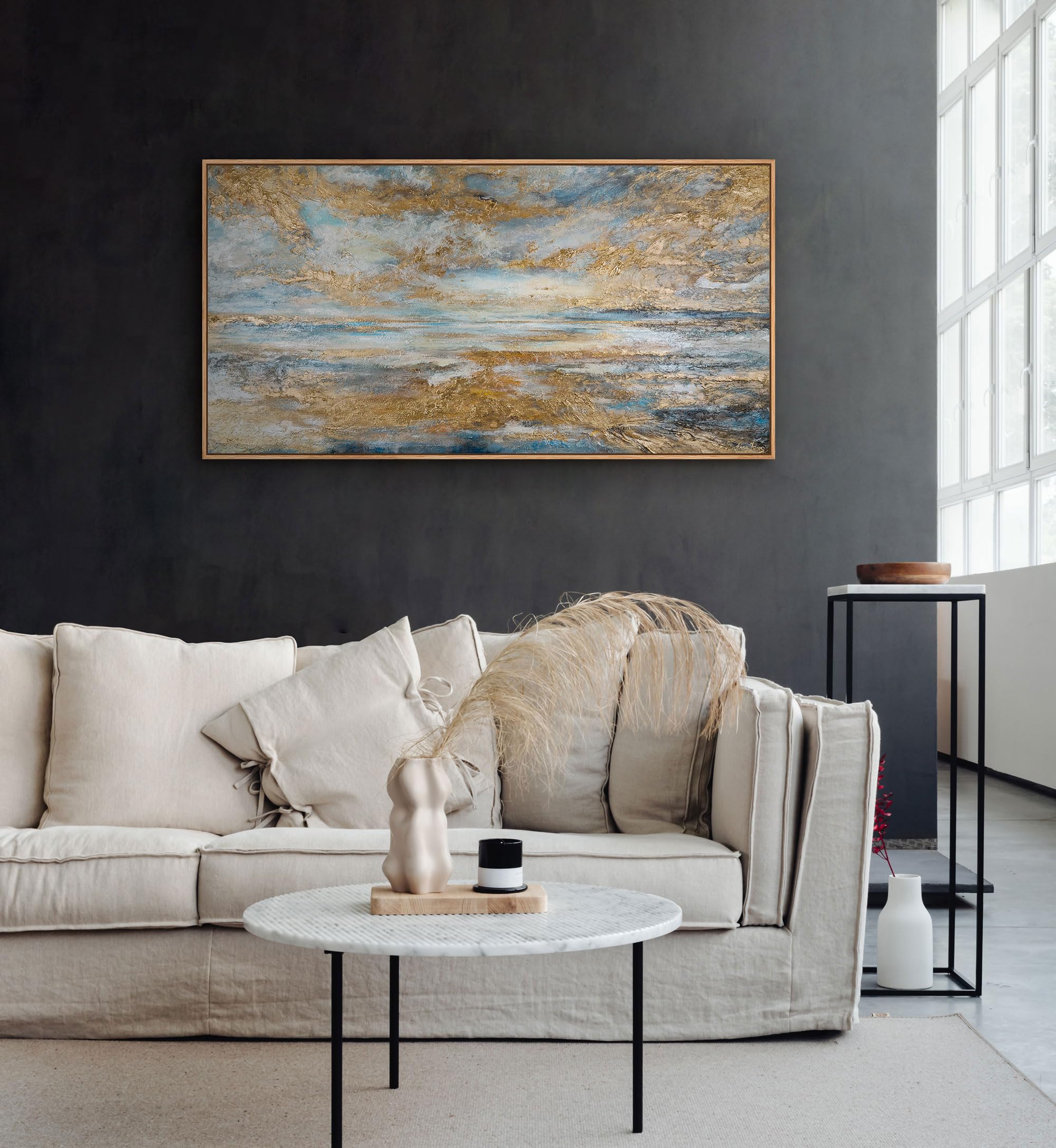 YS-Art Tableau fait à la main dans un cadre Baie d'or Paysage marin aube sur l'océan tons bleus et or Peinture abstraite Décoration 120x60 cm