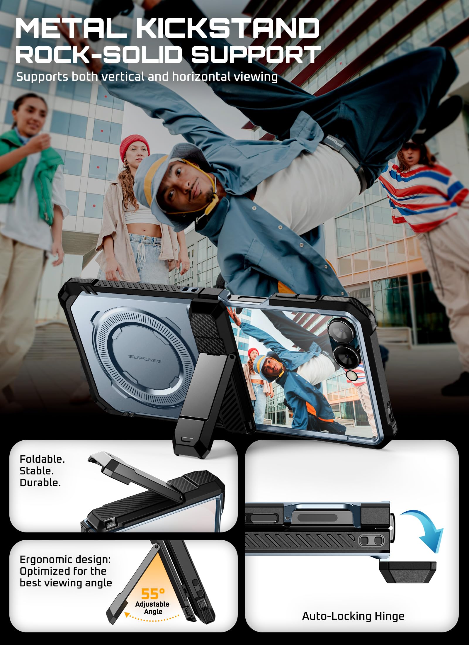 SUPCASE für Samsung Galaxy Z Flip 7 Hülle mit Ständer und Displayschutz (UB Grip), [Unterstützt MagSafe] [Scharnierschutz] Militärisch Schutzhülle Durchsichtig Handyhülle Bumper Case Cover (Blau) | Unterstützt MagSafe (UB Grip) Scharnierschutz Militärisch