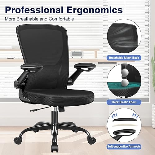 Miniatura 4 de Silla de oficina ergonómica, sillas de computadora de malla con soporte lumbar, silla de escritorio giratoria con brazos abatibles y altura