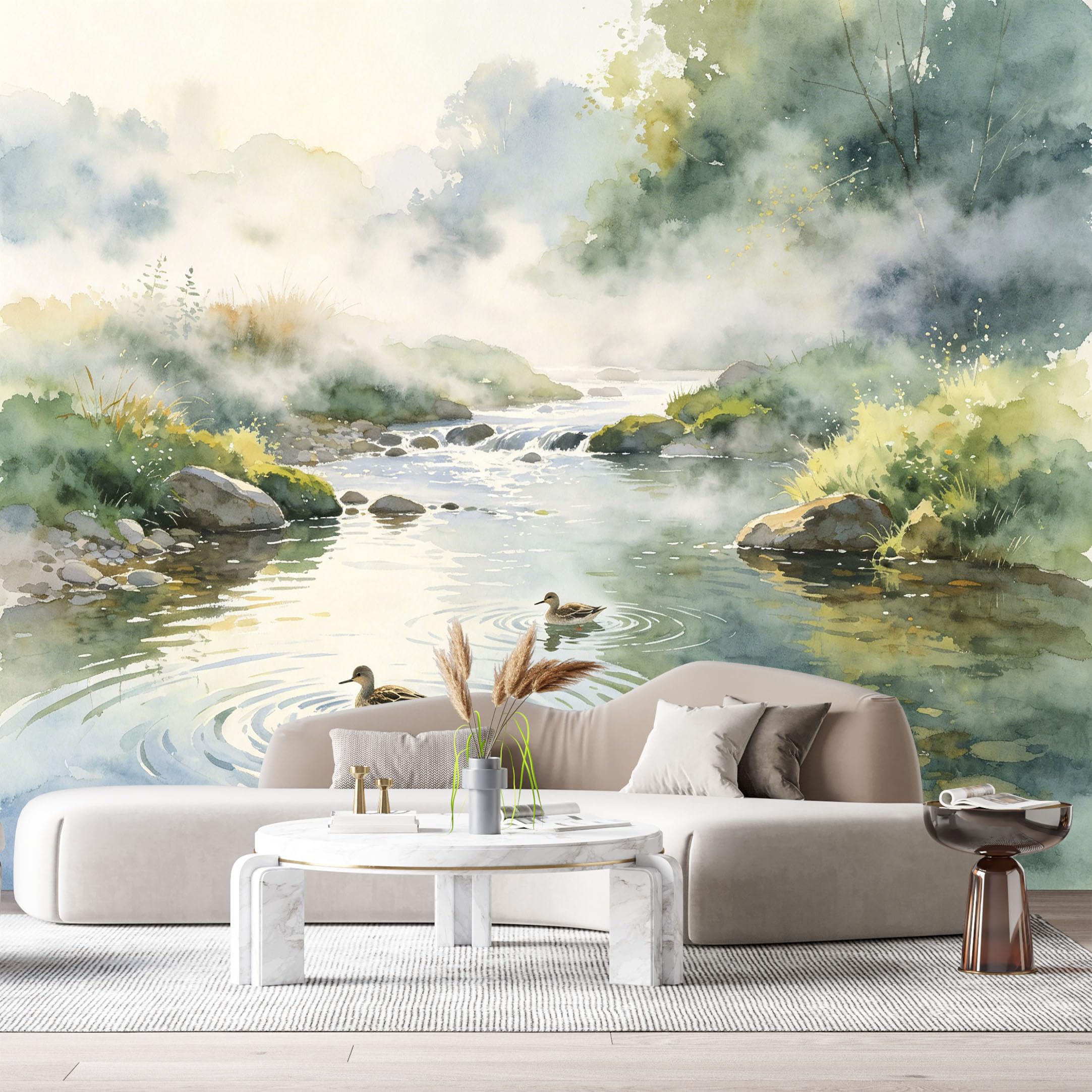 Custom Size Wall Murals Misty Stream Landscape Watercolor Ducks SelfAdhesive Wall Fabric Removable Large Wallpaper for Photo Living Room Interior Wall Decor Art Mural