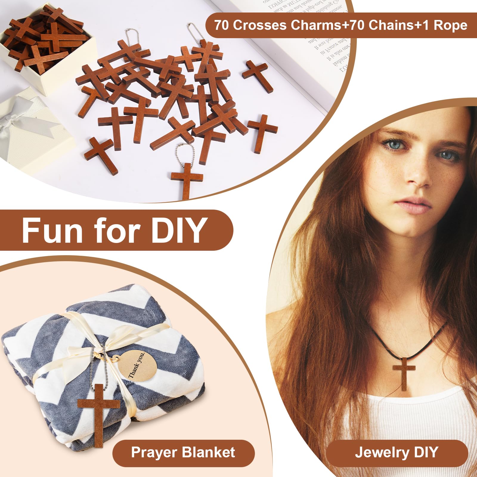 Gtudkae 1 Box Wooden Pocket Cross Contains 70 Cross Charms and 70 Chains, Pure Natural Wooden Crosses Pendants for Church Praying,Easter, Christian Gifts, Crafts for DIY Jewelry, Keychains - Image 6