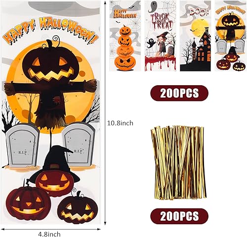 Miniatura 2 de 200 bolsas de celofán de Halloween, bolsas de golosinas de Halloween con lazos giratorios, bolsas de dulces de Halloween para niños, recuerdos de
