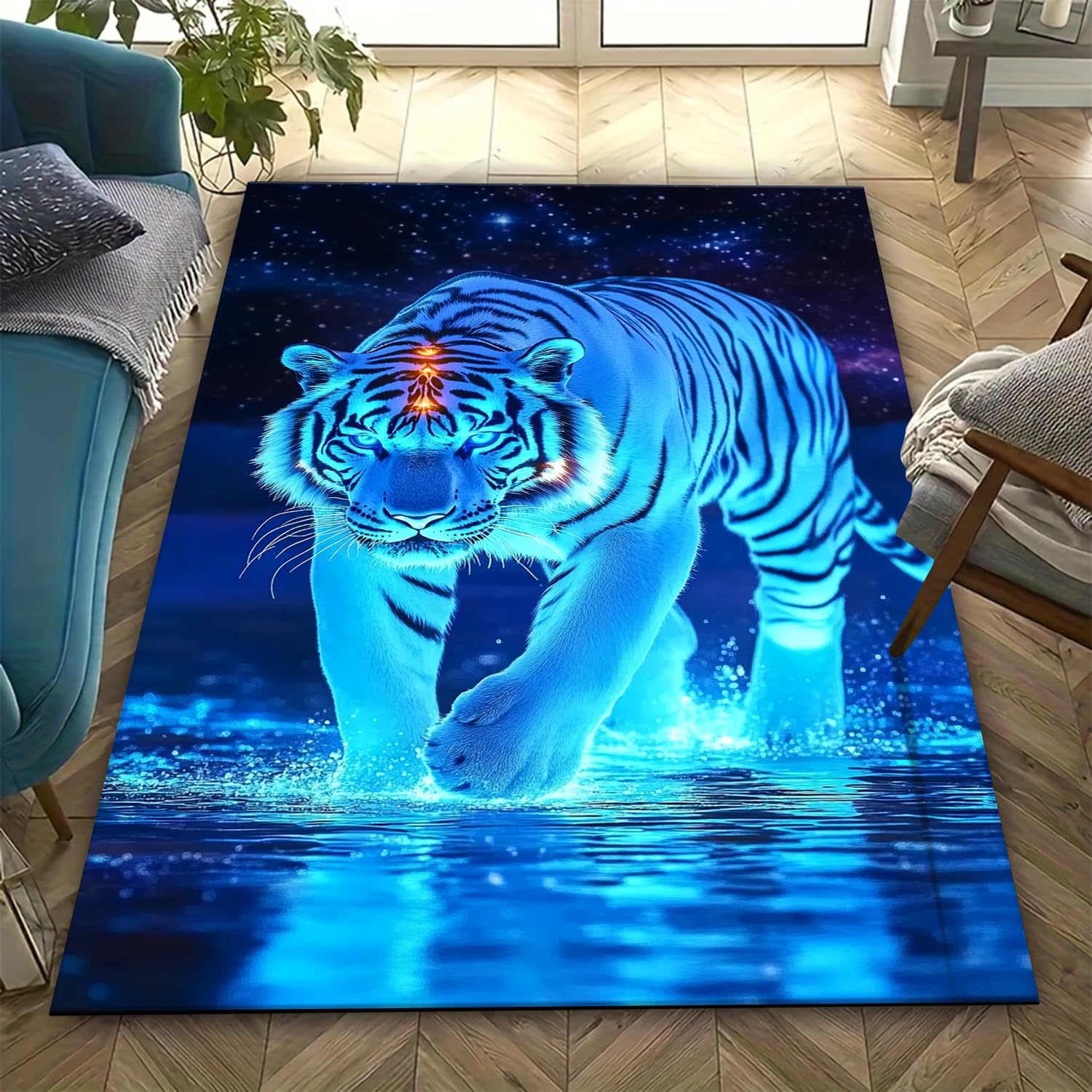 Tapis lavable et antidérapant avec motif tigre 3D pour chambre d'enfant et salon