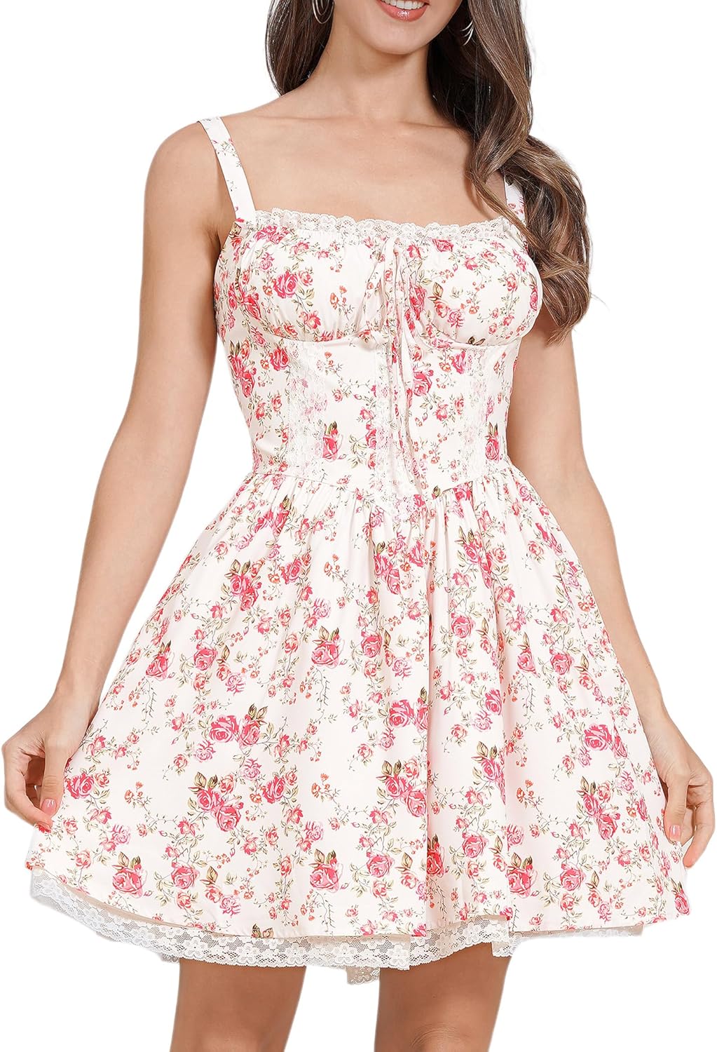 ABAFIP Women's Corset Mini Dress Spaghetti Straps Backless Lace up Low Cut Ruffle Short Dress Sundress - Image 2