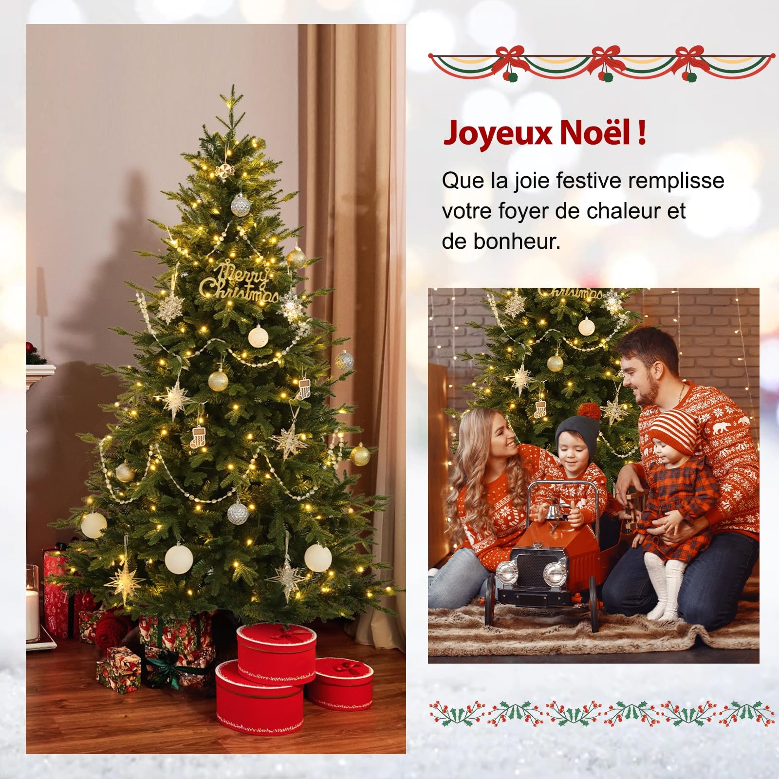 Sapin de Noël Artificiel de 180CM en PE & PVC avec 250 LED (Ø env. 124 cm) avec Neige, 1000 Pointes de Branches, Charnières en Métal & Support Pliable, Xmas Sapin pour Maison, Fête, Décoration de Noël