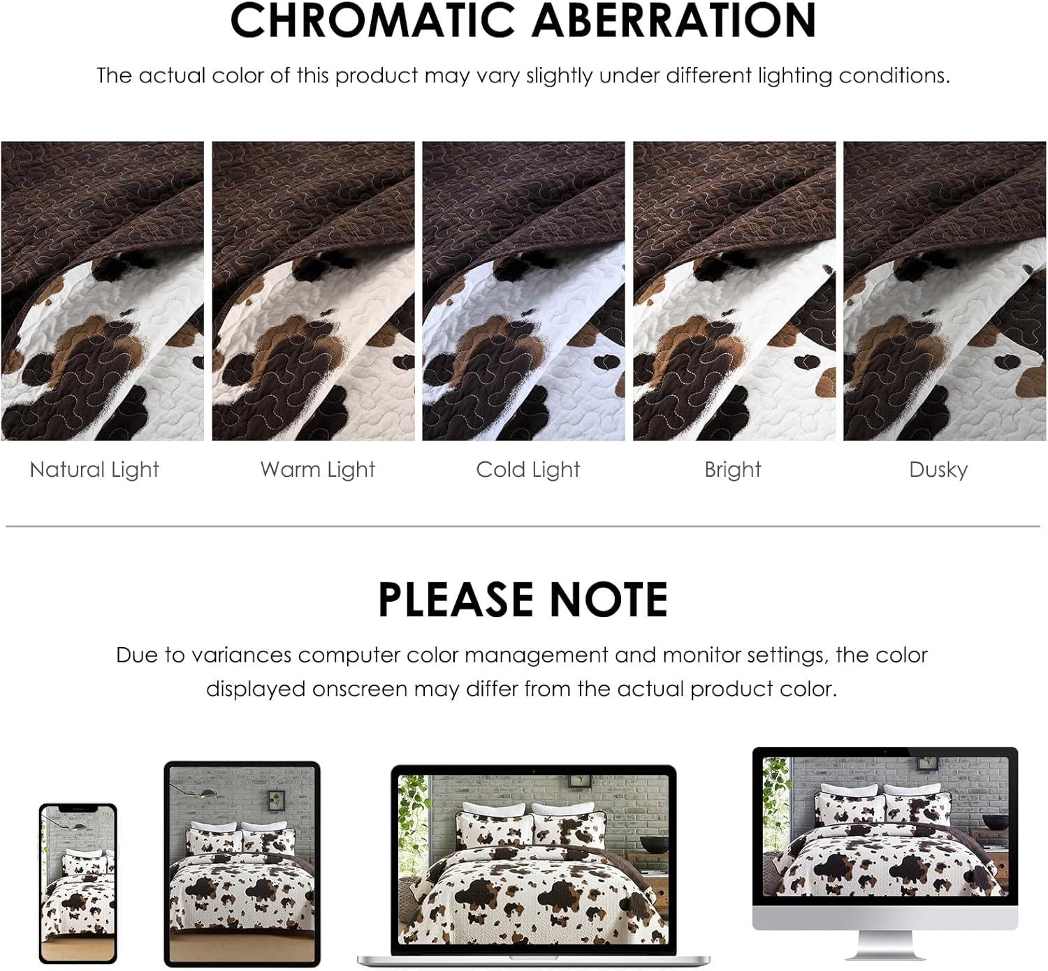 Cow Quilt Queen Size - 100% Cotton Queen Cow Print Quilt Bedding Bedspreads - Western Cowhide Pattern Bed Set - Lightweight Rustic Farmhouse Comforter Set - Browm/Dark Brown - 3 Pieces - Image 7