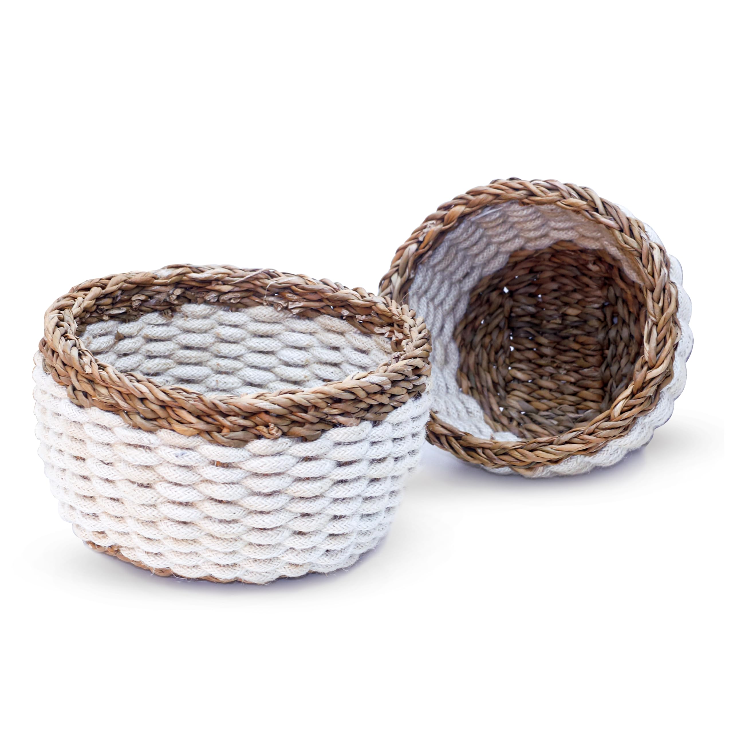 DENOVA Basket Cotton and Seagrass, Round, Storage & multipurpose basket, Home and Kitchen White and Natural, Set of 3 4