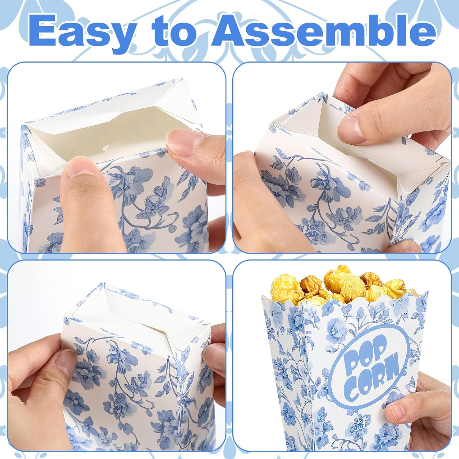 Marspark 50 Pack Mini Blue Floral Popcorn Boxes, 5.51"H x 4.21" W