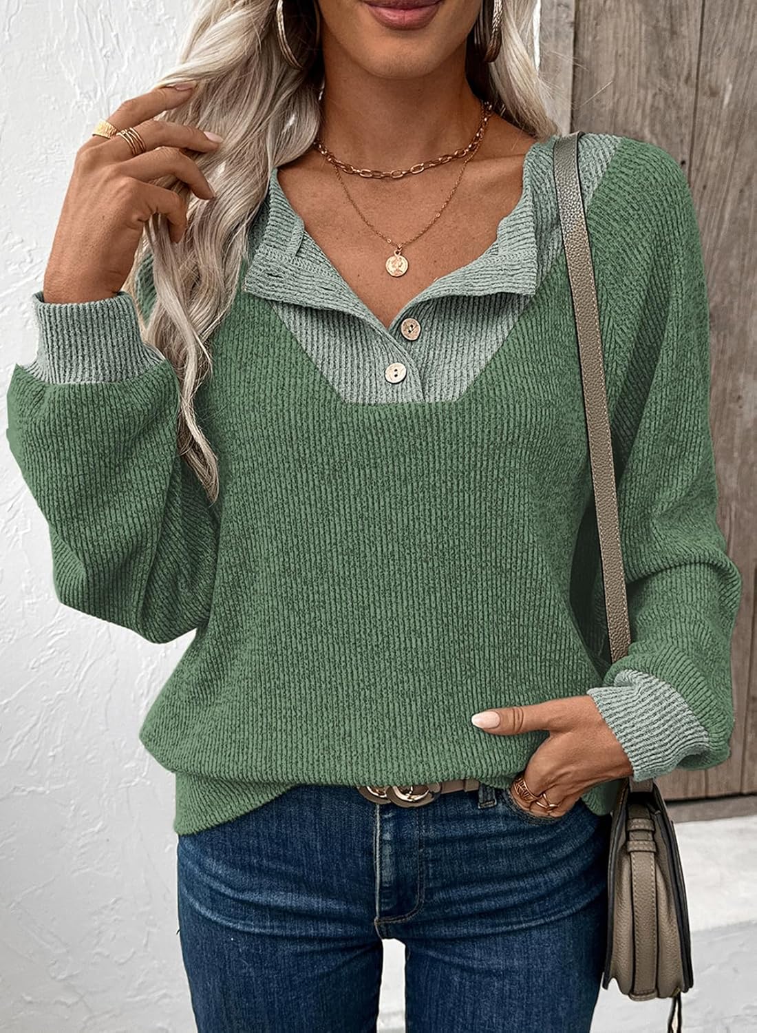 EVALESS Womens Spring Fashion 2026 Womens Long Sleeve Shirts Patchwork Button Up V Neck Sweatshirt Casual Pullover Tops - Image 3